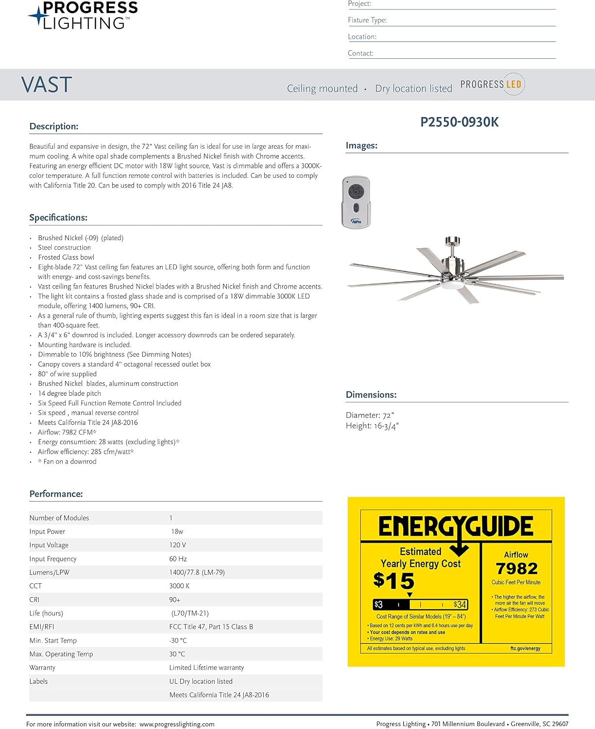 Progress Lighting Vast Collection 72-Inch 8-Blade Gray Modern Ceiling Fan, Nickel