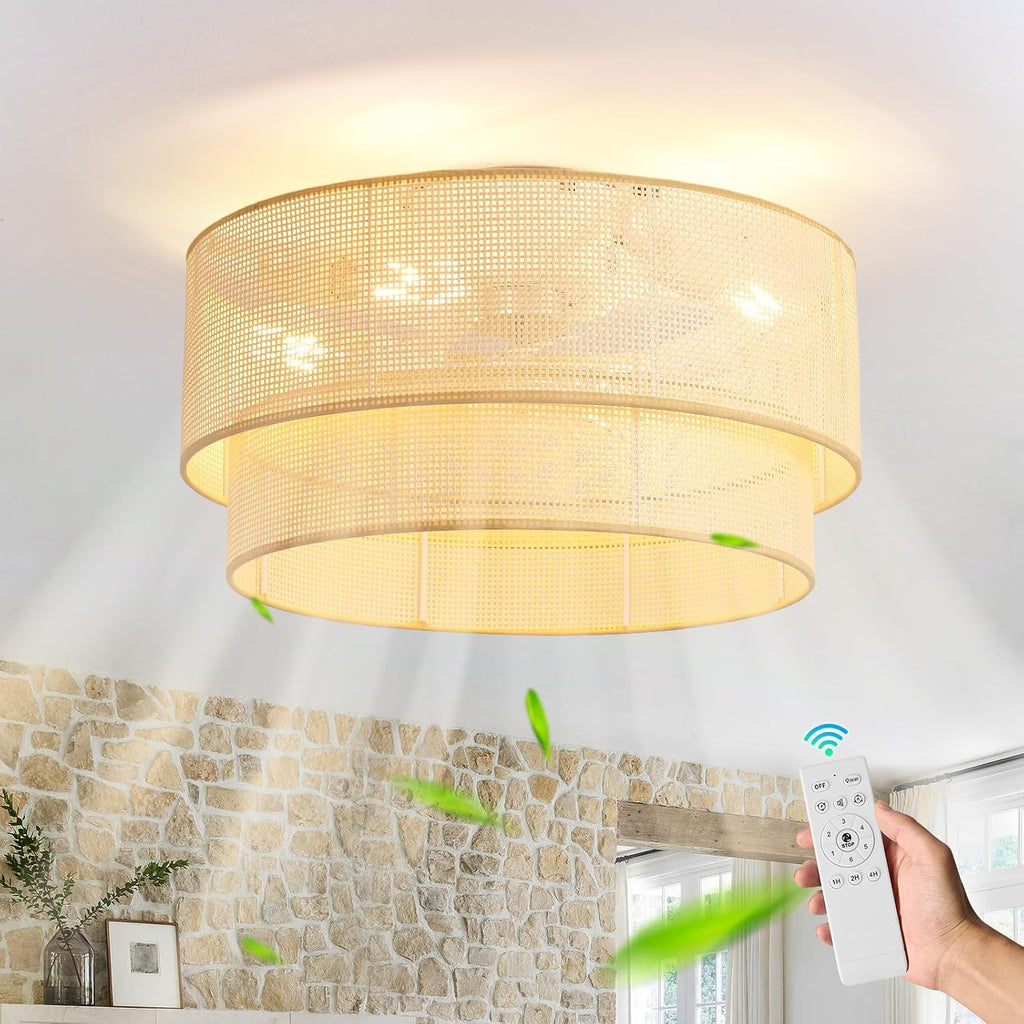 ainqiant 20 Inch Boho Caged Ceiling Fans with Lights Flush Mount, Rattan Ceiling Fan with Light Remote Control with Reversible 6 Speeds for Bedroom, Nursery, Living Room, E26, Base, Indoor