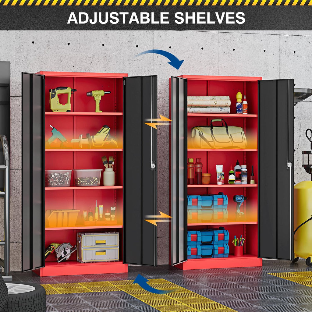 Fesbos Metal Storage Cabinet-72' Tall Steel File Cabinets with Lockable Doors and Adjustable Shelves-Black&Red Steel Storage Cabinet for Kitchen, Office, Garage