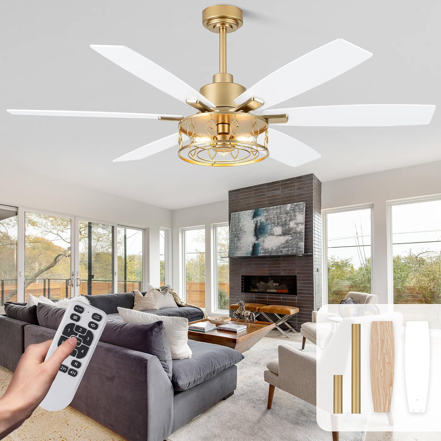 60 Inch Modern Ceiling Fan with Light White and Gold Ceiling Fan Quiet and Reversible DC Motor Chandelier Fan for Living Room Bedroom Patio