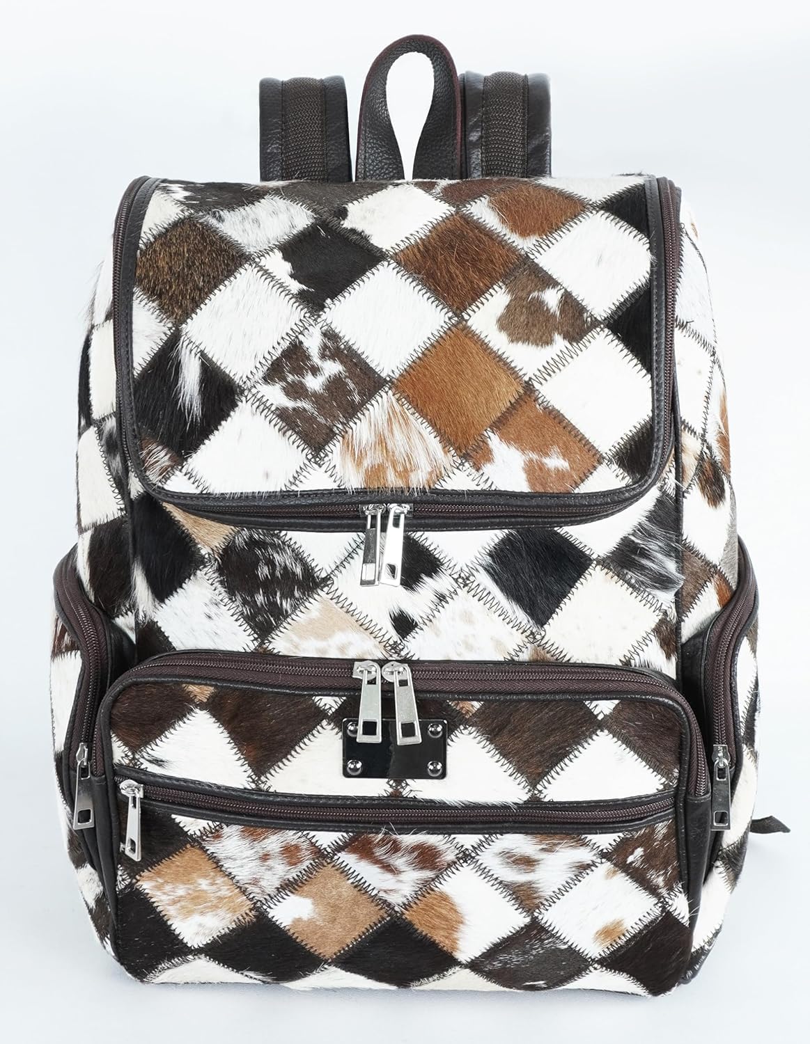 Western Brown Patchwork Cowhide Leather Backpack - Everyday Travel Backpack - Genuine Leather Cow Print Checkered Diaper Bag