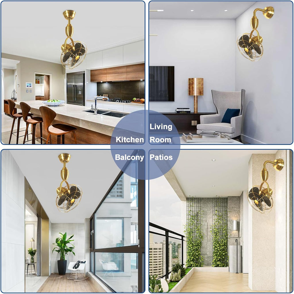Depuley Oscillating Ceiling Fan with Remote: Gold and Black Wall Mount Fan Ceiling for Patio - Caged Outdoor Wall Fan for Indoor Bedroom Kitchen - 80° Oscillation 100° Adjustable