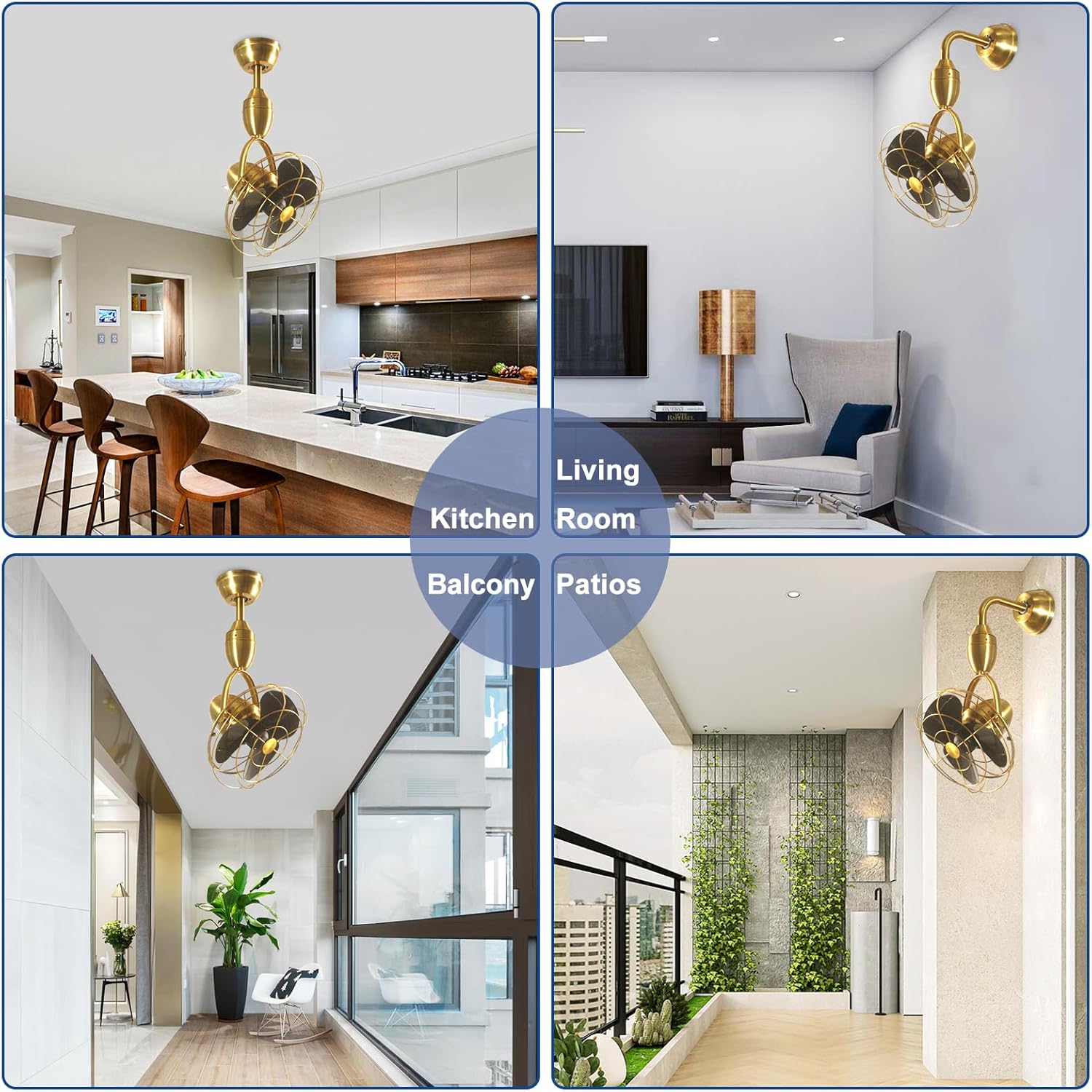 Depuley Oscillating Ceiling Fan with Remote: Gold and Black Wall Mount Fan Ceiling for Patio - Caged Outdoor Wall Fan for Indoor Bedroom Kitchen - 80° Oscillation 100° Adjustable