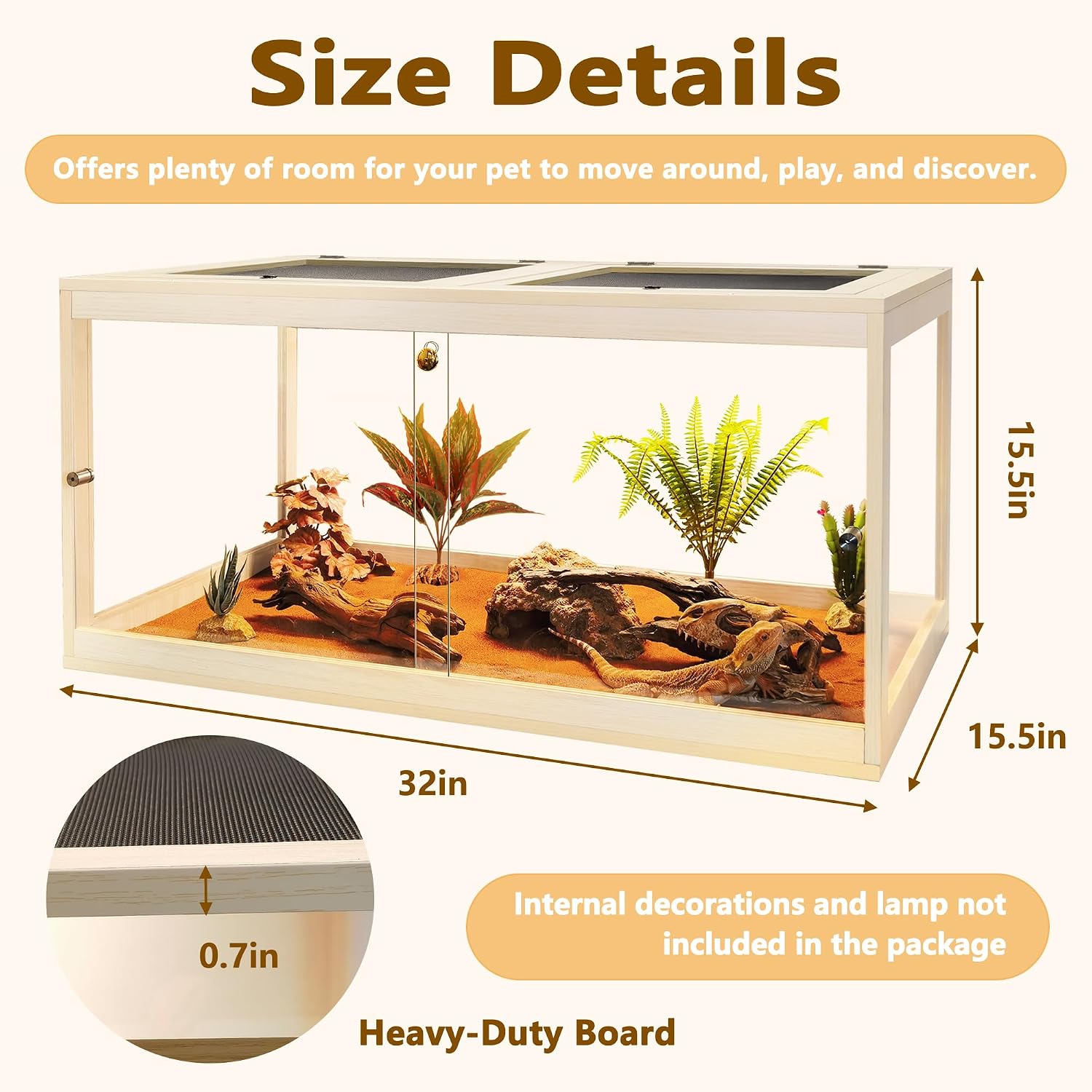 Prolee 34 Gallon Reptile Terrarium Tank 32 Inch Lizard Tank Bearded Dragon Tank with Metal Mesh Roof Door, Snake Tank with Lock Design, 32' Length