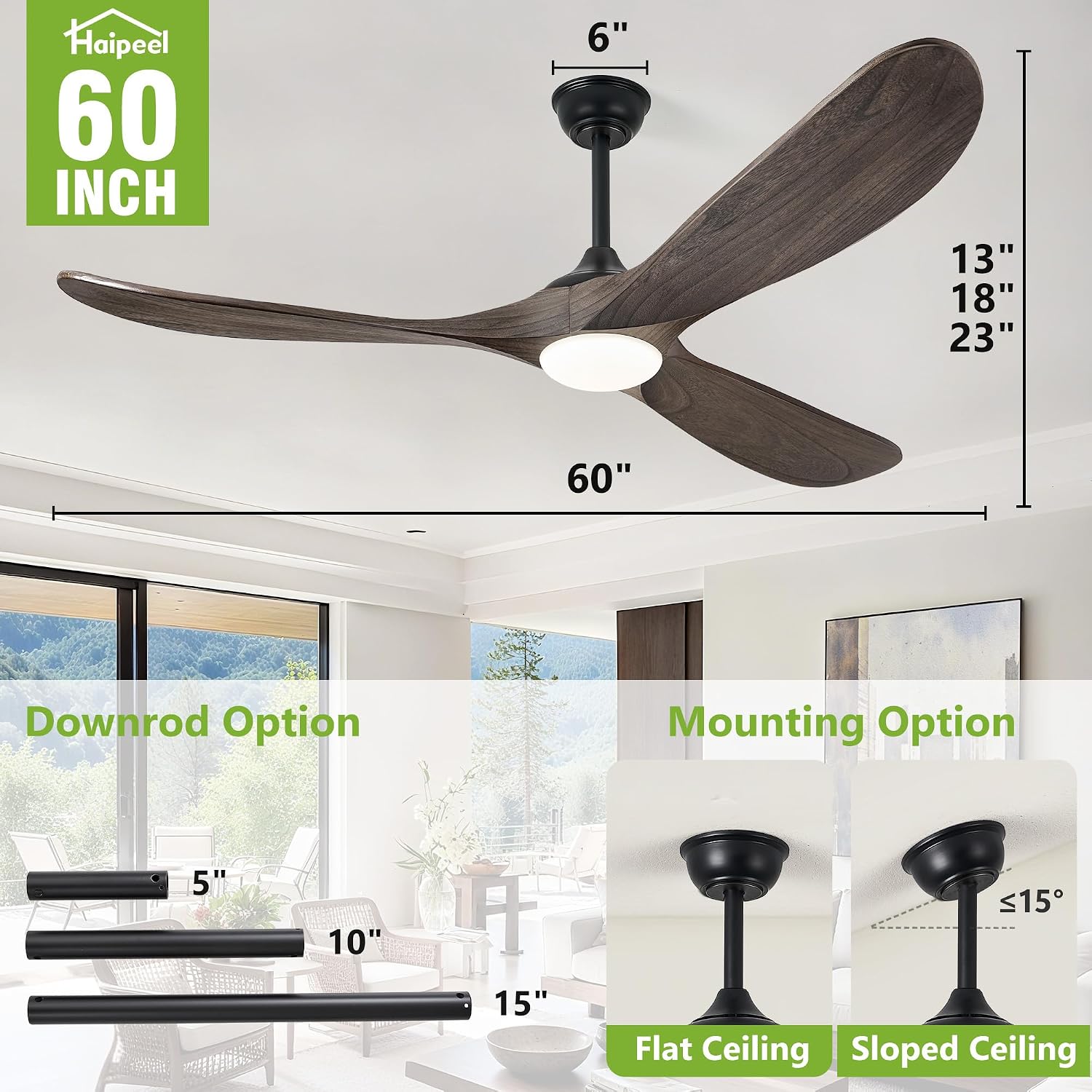 Haipeel 60 Inch Outdoor Ceiling Fans with Lights, Propeller Solid Wood Ceiling Fans with Light and Remote Control for Outdoor Ceiling Fan with Light for Patio Farmhouse, DC ETL Listed, Deep Brown