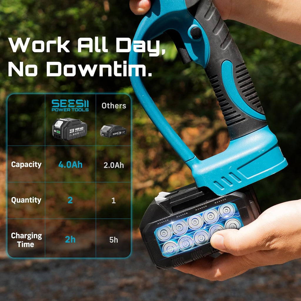 SEESII Pole Electric Pruning Shears: 1.8' Cutting Diameter 2-in-1 Cordless Power Pruner - Brushless Motor, Dual 4.0Ah Batteries, Extra SK5 Blade, 4 Modes Adjustable Branch Cutter for Garden Trimming