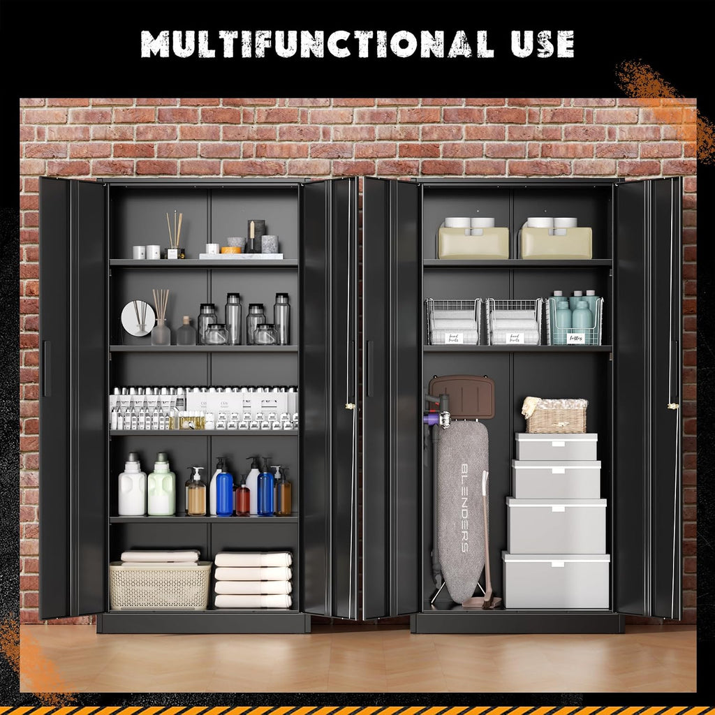 Greenvelly Metal Storage Cabinet with Lock, Steel Garage Storage Cabinet with 2 Doors and Adjustable Shelves, File Organization for Office, Home, Garage, School (Black)