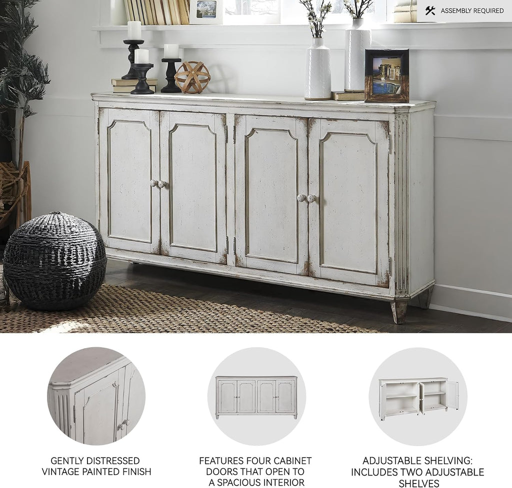 Signature Design by Ashley Mirimyn Distressed 4-Door Accent Cabinet or TV Stand, Antique White