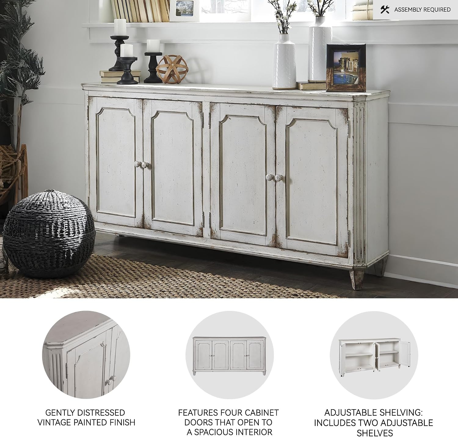 Signature Design by Ashley Mirimyn Distressed 4-Door Accent Cabinet or TV Stand, Antique White