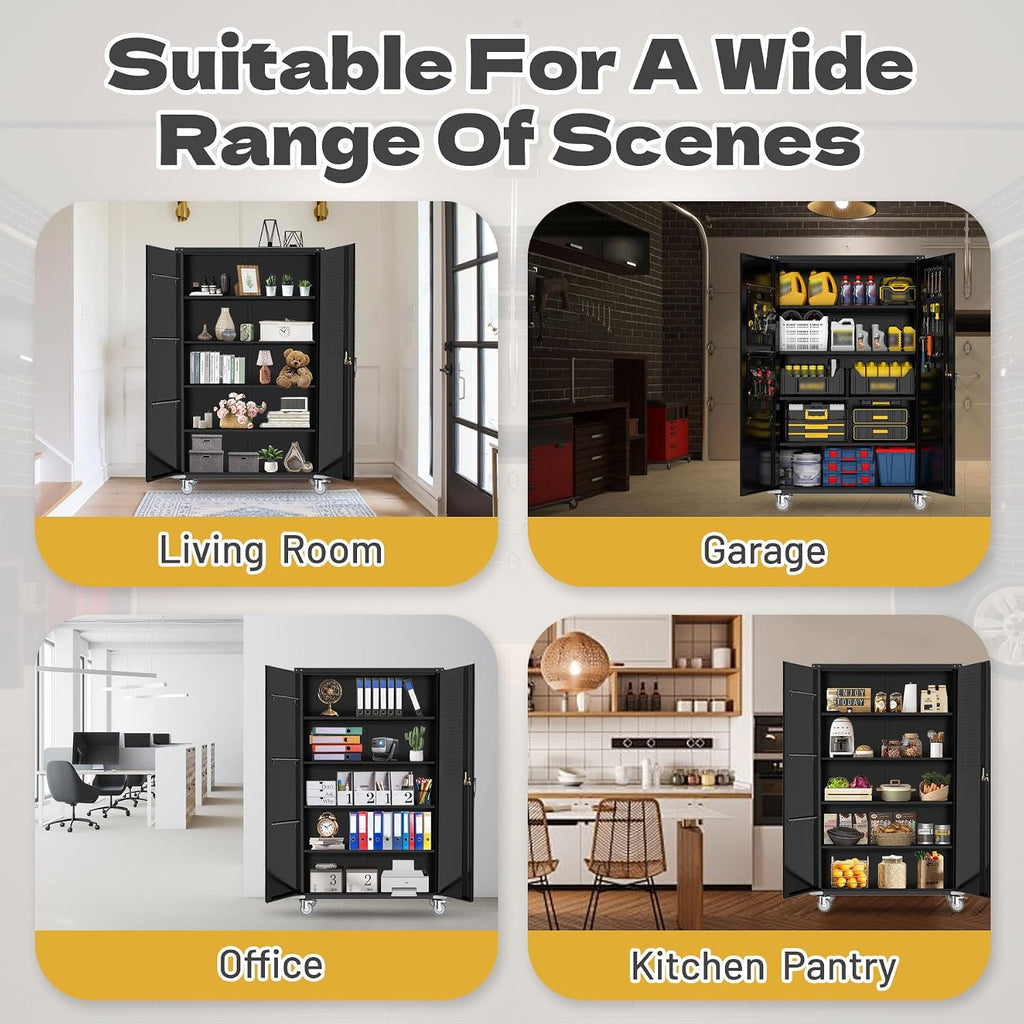 biosp 72' H Wide & Deep Garage Storage Cabinet with Wheels & Pegboards, Metal Storage Cabinet with Locking Door & Adjustable Shelves, Rolling Tool Cabinet for Garage, Shop, Office, 72'x43'x22'