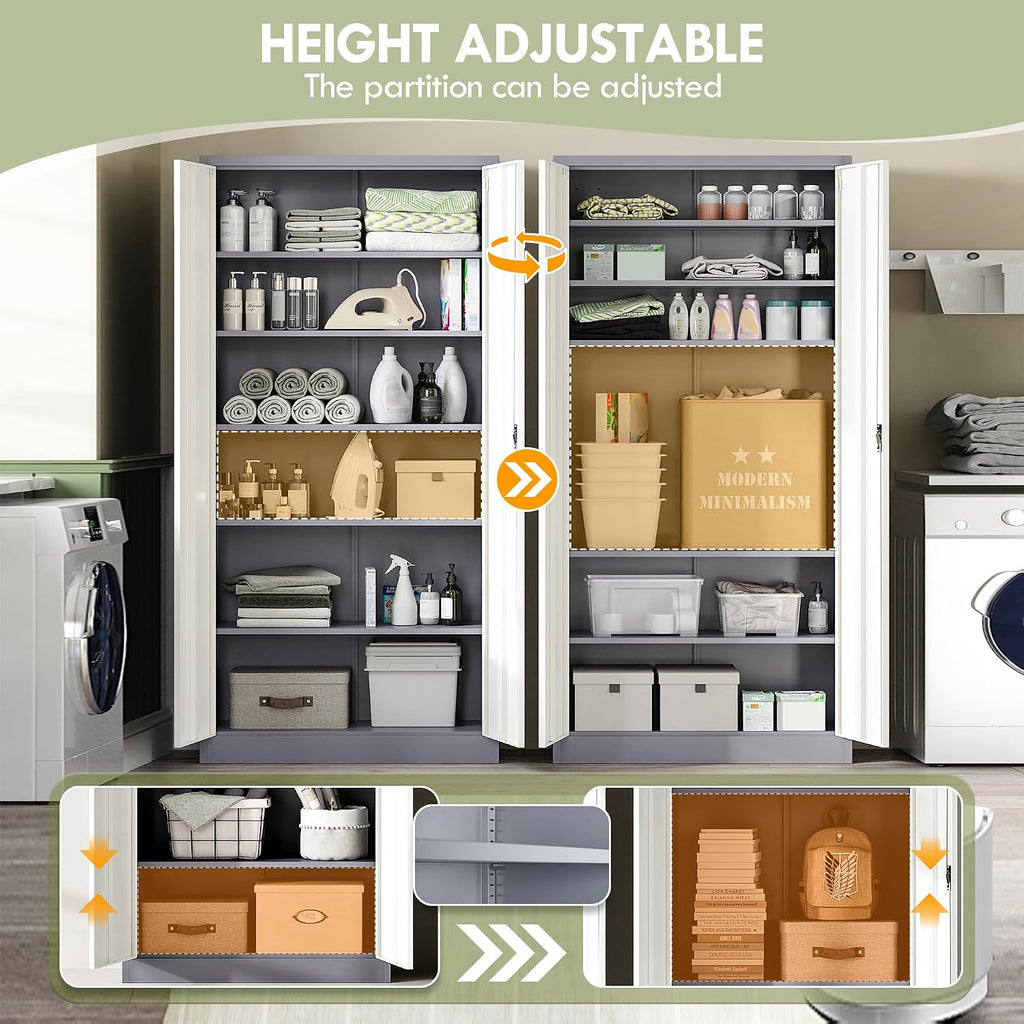 RAVIGIN Metal Garage Storage Cabinet with Lock, 71' Locking Tool Cabinet with 2 Doors and 5 Adjustable Shelves, Tall Steel Cabinet Garage for Home,Office,Warehouse，School (Grey White)