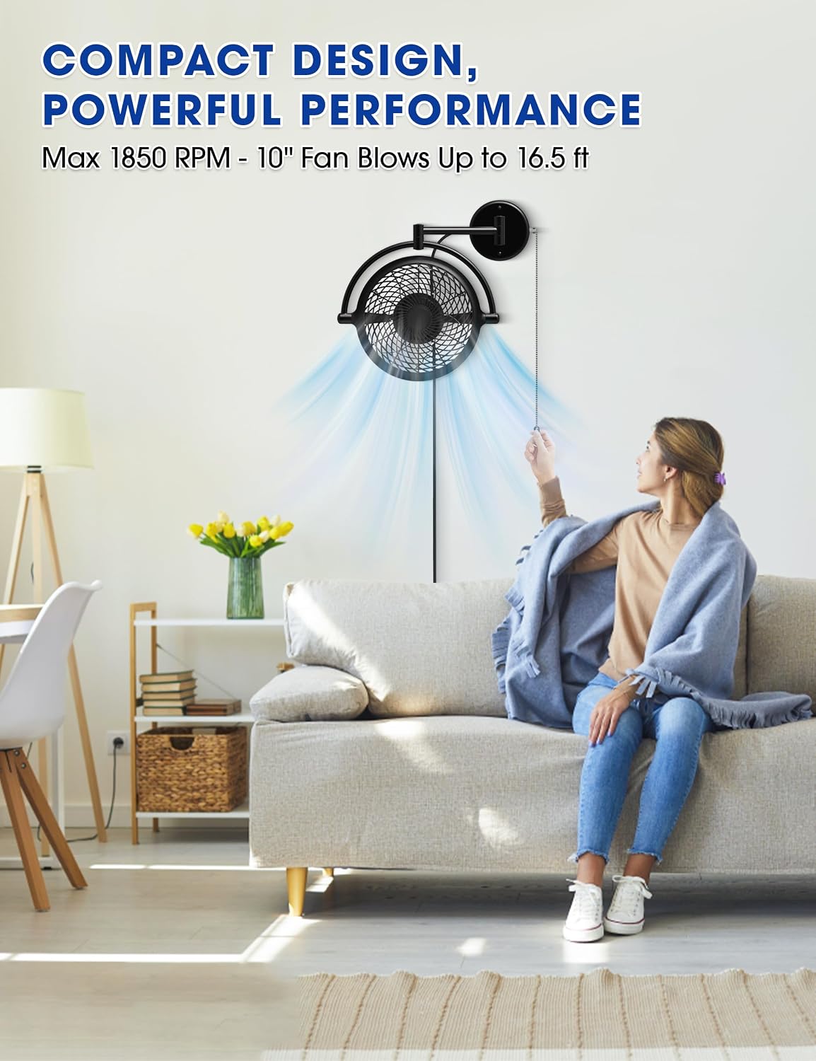 Wall Mount Fans with Pull Chain, 10 Inch Wall Fans Quiet Oscillating Wall-Mounted Fan, Adjustable Folding Arm, 2-Speed Plug-in Fan for Bedroom, Living Room, Garage, Bathroom, Patio, Kitchen, Black