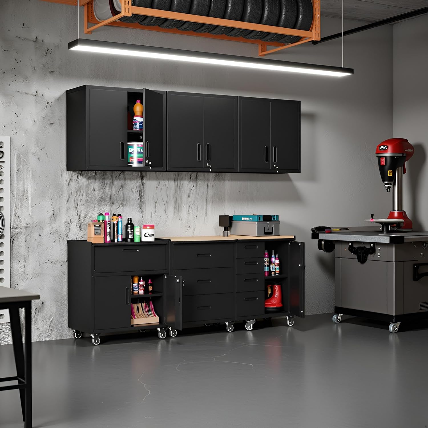 Garage Storage Cabinet System 6pcs Heavy Duty Workshop Set Wall Cabinet Lockable Rolling Tool Cabinets with Adjustable Shelves Metal Garage Storage Cabinets