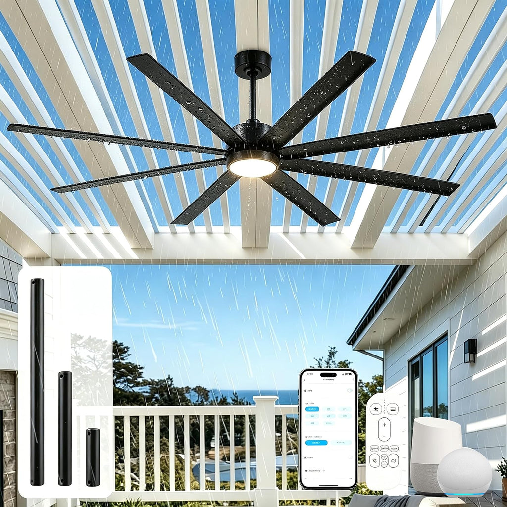 56 Inch Smart Outdoor Ceiling Fan with Light, IP Wet Rated All Weather Waterproof, 8 Black Aluminum Blades (Rust-Proof), High CFM Quiet DC Motor, Compatible with Alexa/App for Patio, Gazebo, Porch