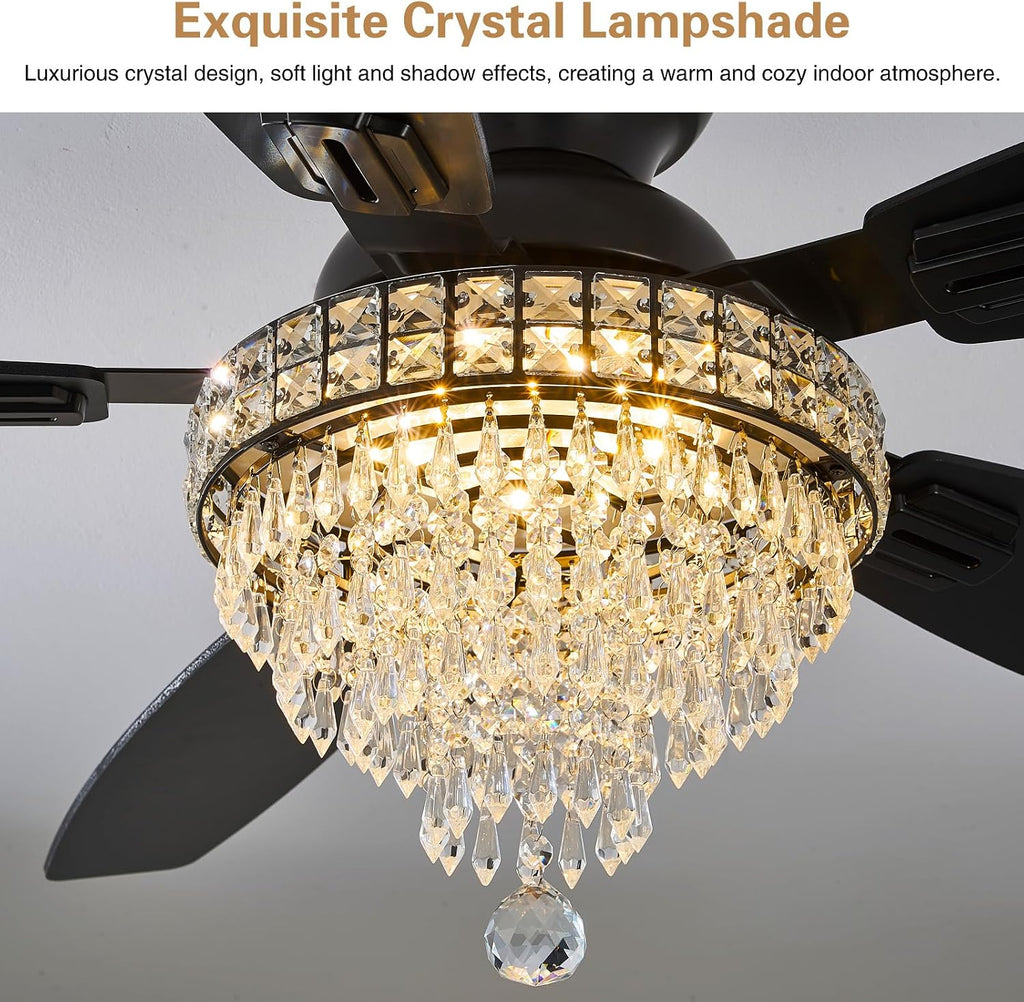 Crystal Ceiling Fan Fandelier with Lights-Ceiling Fans with Lights,54' Low Profile and Remote Control, Flush Mount, Reversible, Dimmable, Noiseless, Black Ceiling Fan for Bedroom