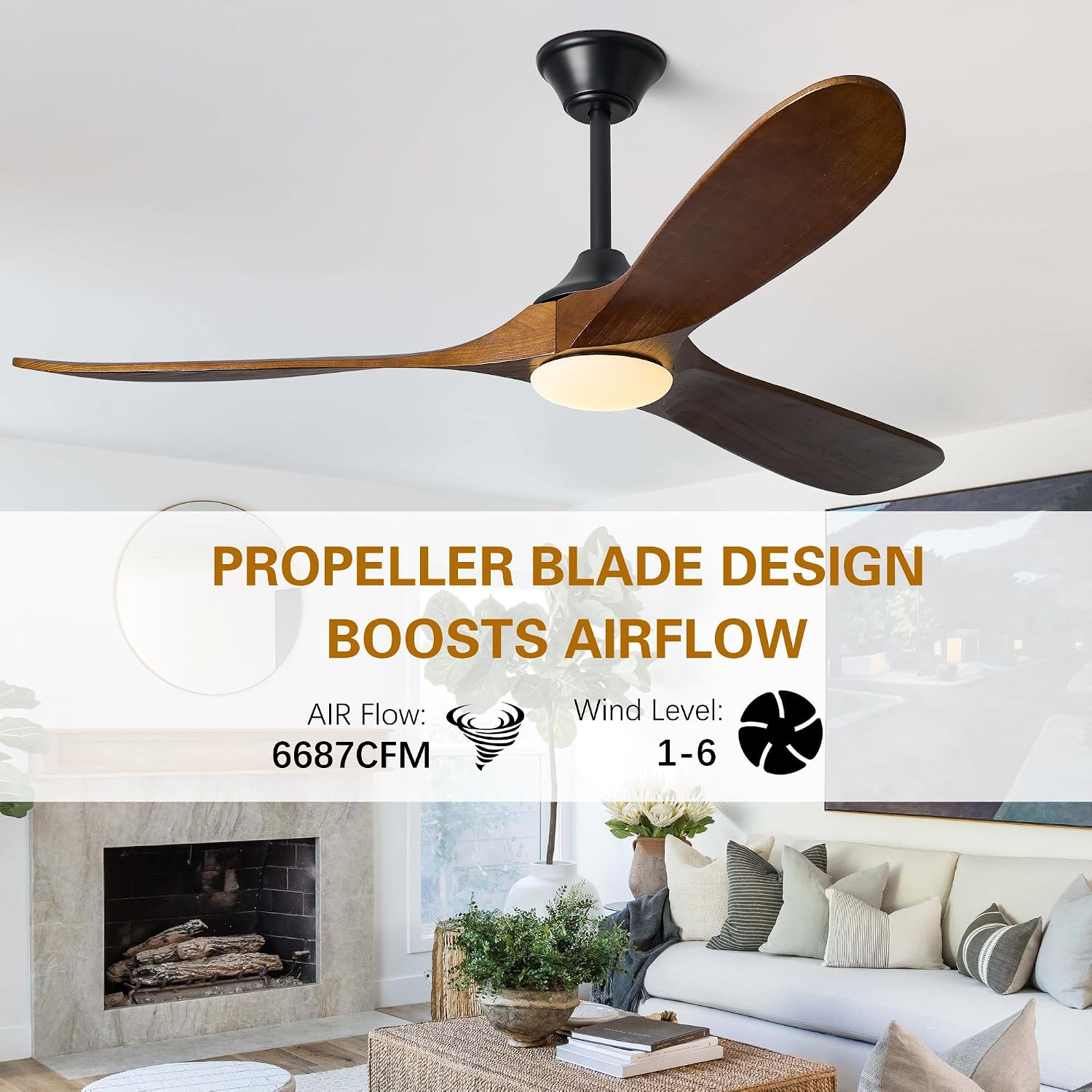 60 Inch Solid Wood Ceiling Fans with Lights, Remote APP Control 3 Propeller Blades Indoor Outdoor Ceiling Fan, Large Airflow Noiseless DC Motor Wooden Ceiling Fan for Patio Living Rooms Farmhouse