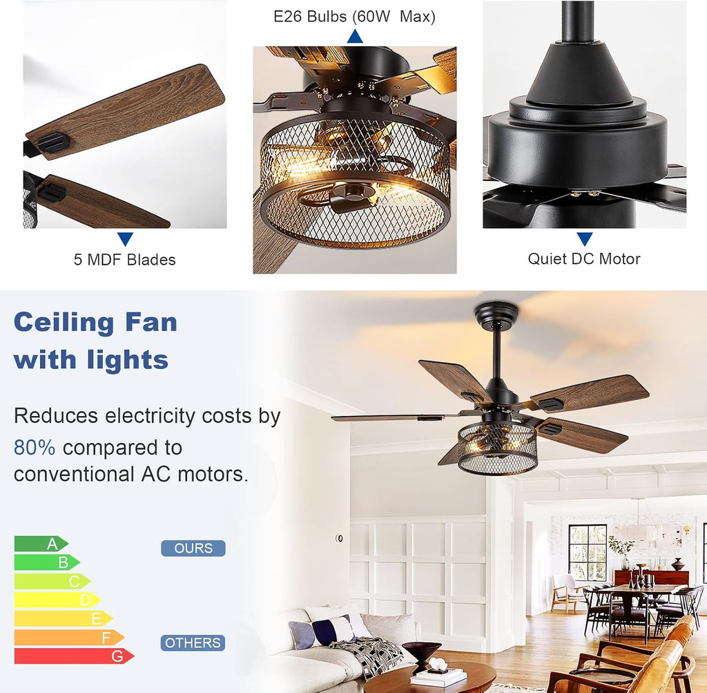 Depuley 52-Inch Ceiling Fans with Lights: Caged Ceiling Fans Dual Finish 5 Blades - Farmhouse Ceiling Fan with Remote Control for Rustic Living Room Outdoor Patio Reversible (Black Walnut)