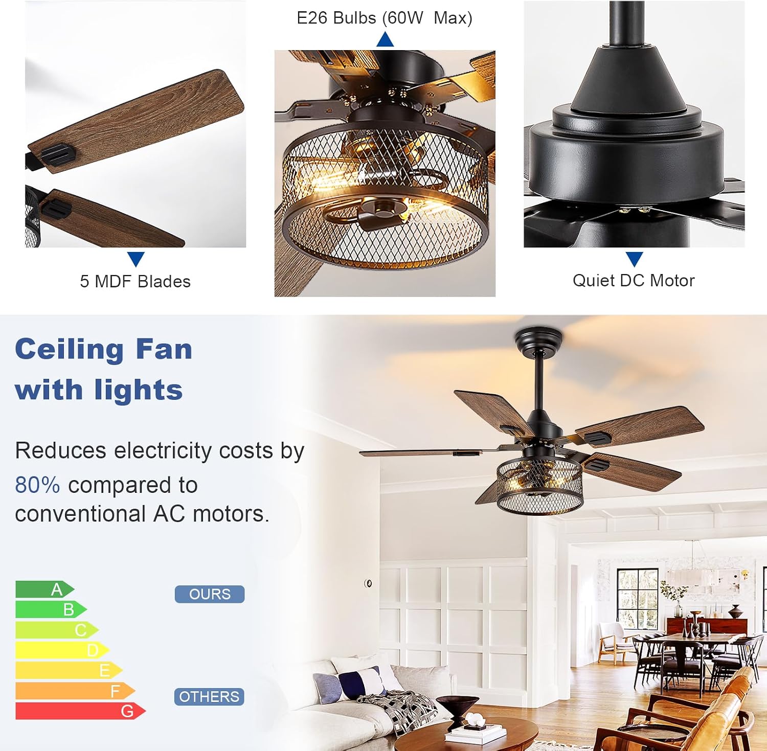 Depuley 52-Inch Ceiling Fans with Lights: Caged Ceiling Fans Dual Finish 5 Blades - Farmhouse Ceiling Fan with Remote Control for Rustic Living Room Outdoor Patio Reversible (Black Walnut)