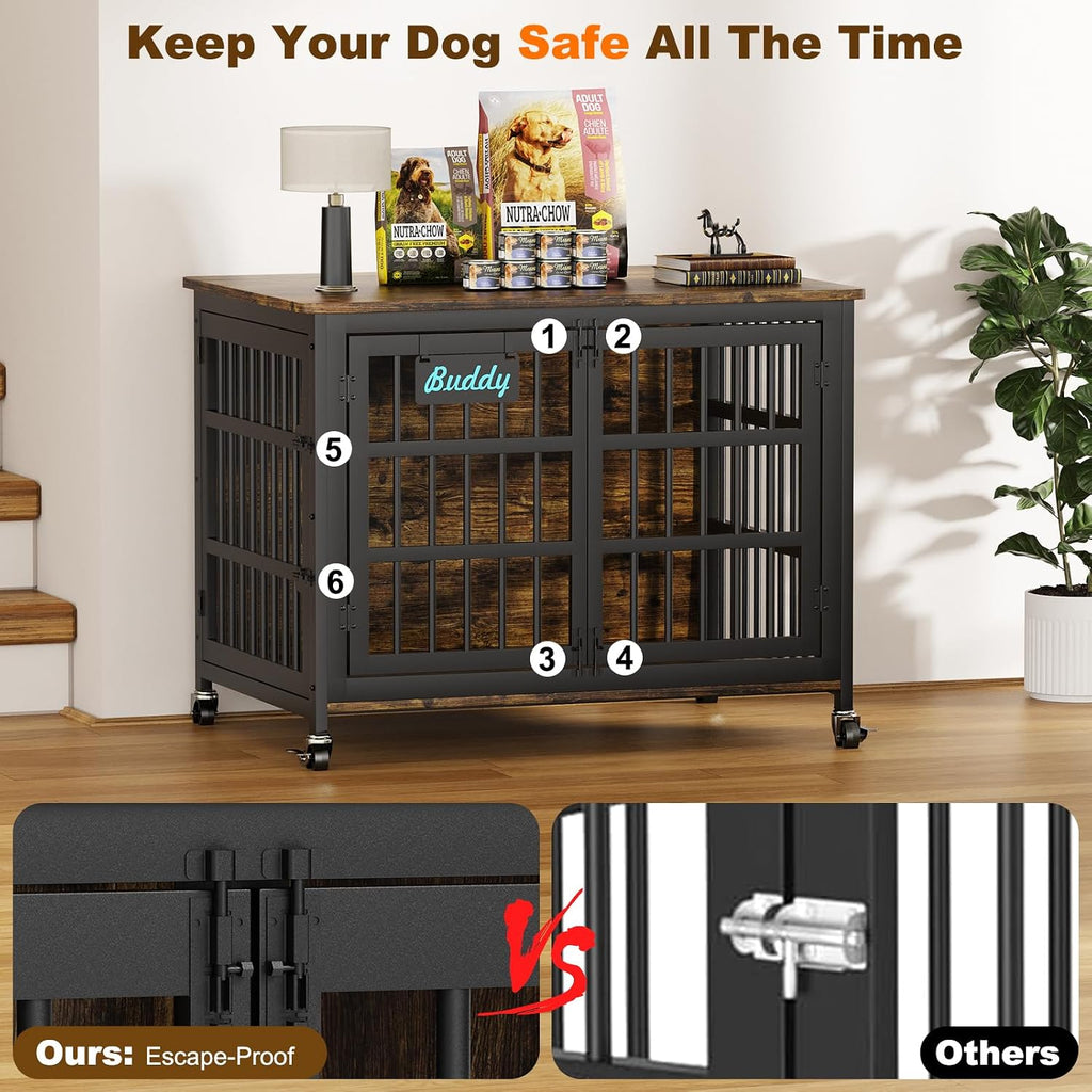 EasyCom 41'/33'/27' Dog Crate Furniture with Name Tag, Heavy Duty Dog Kennel Indoor for Medium Dogs, Double-Doors Sturdy Metal Dog Cage for Anxiety Dog, Decorate House as TV Stand, End Table