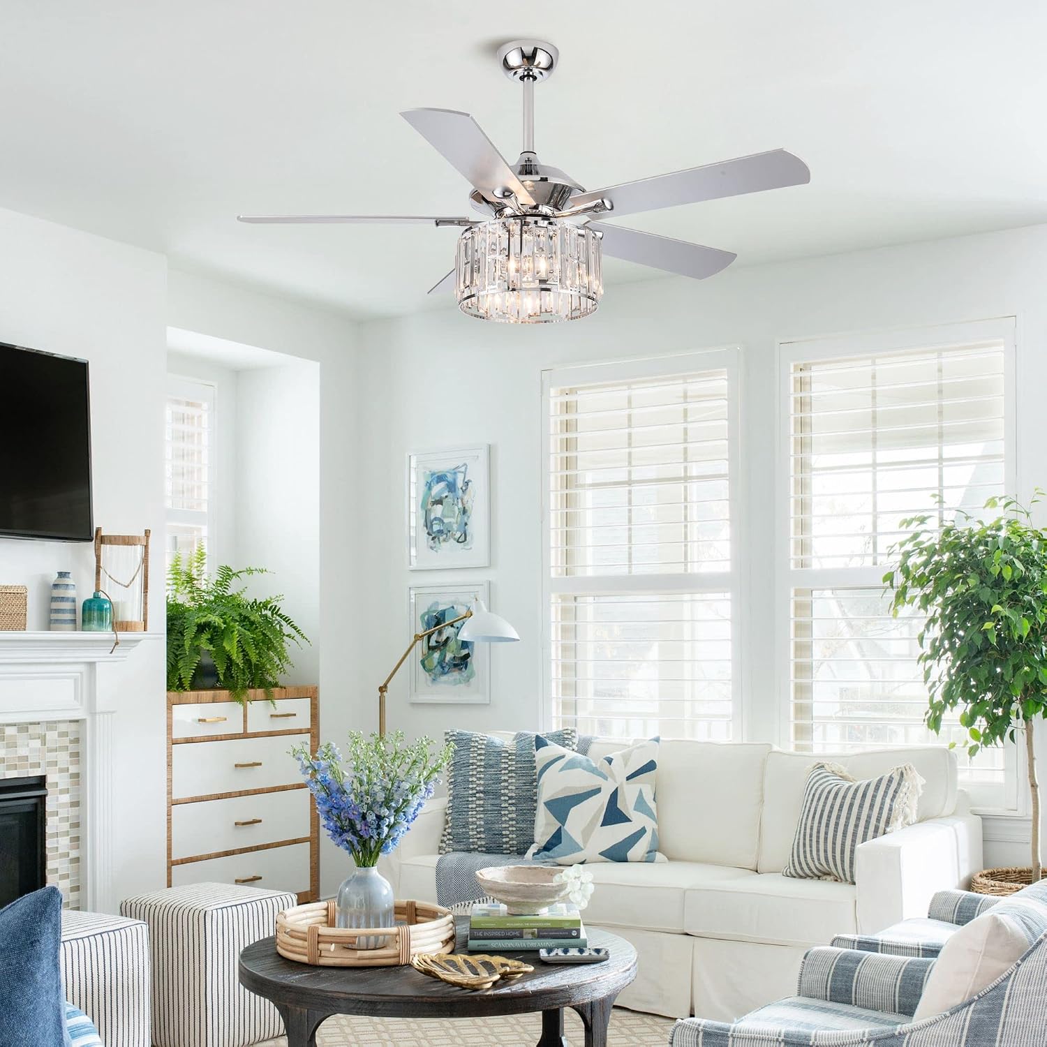 Parrot Uncle Ceiling Fans with Lights and Remote 52 Inch Ceiling Fan with Light for Bedroom Crystal Chandelier Outdoor Ceiling Fans for Patios Covered, Silver