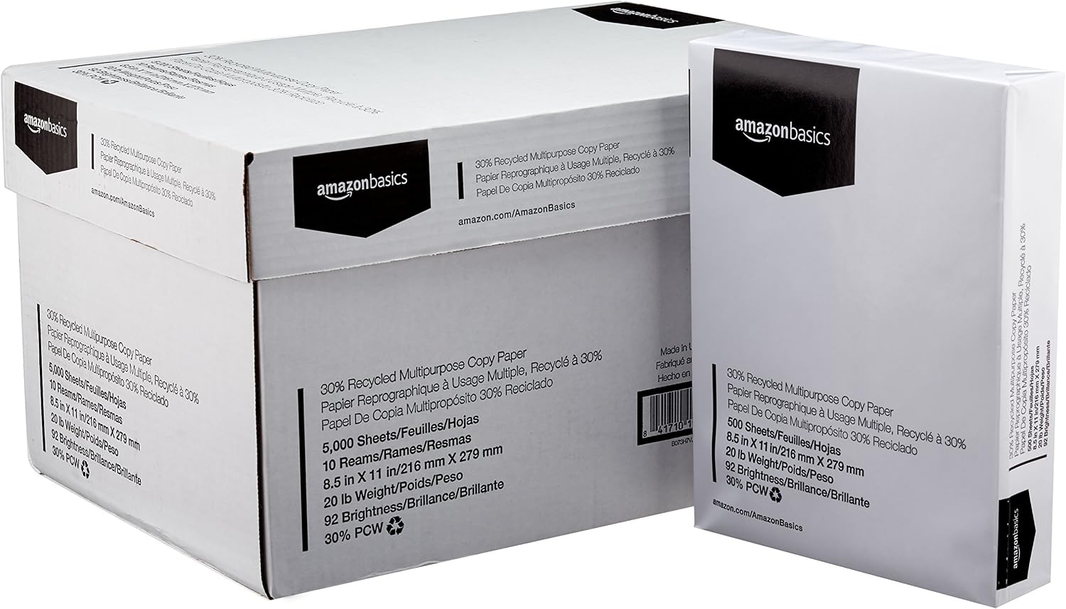 Amazon Basics 30% Recycled Multipurpose Copy Printer Paper, 8.5 x 11 Inches, 20 lb, Pallet, 400 Reams (200,000 Sheets), 92 Bright, White