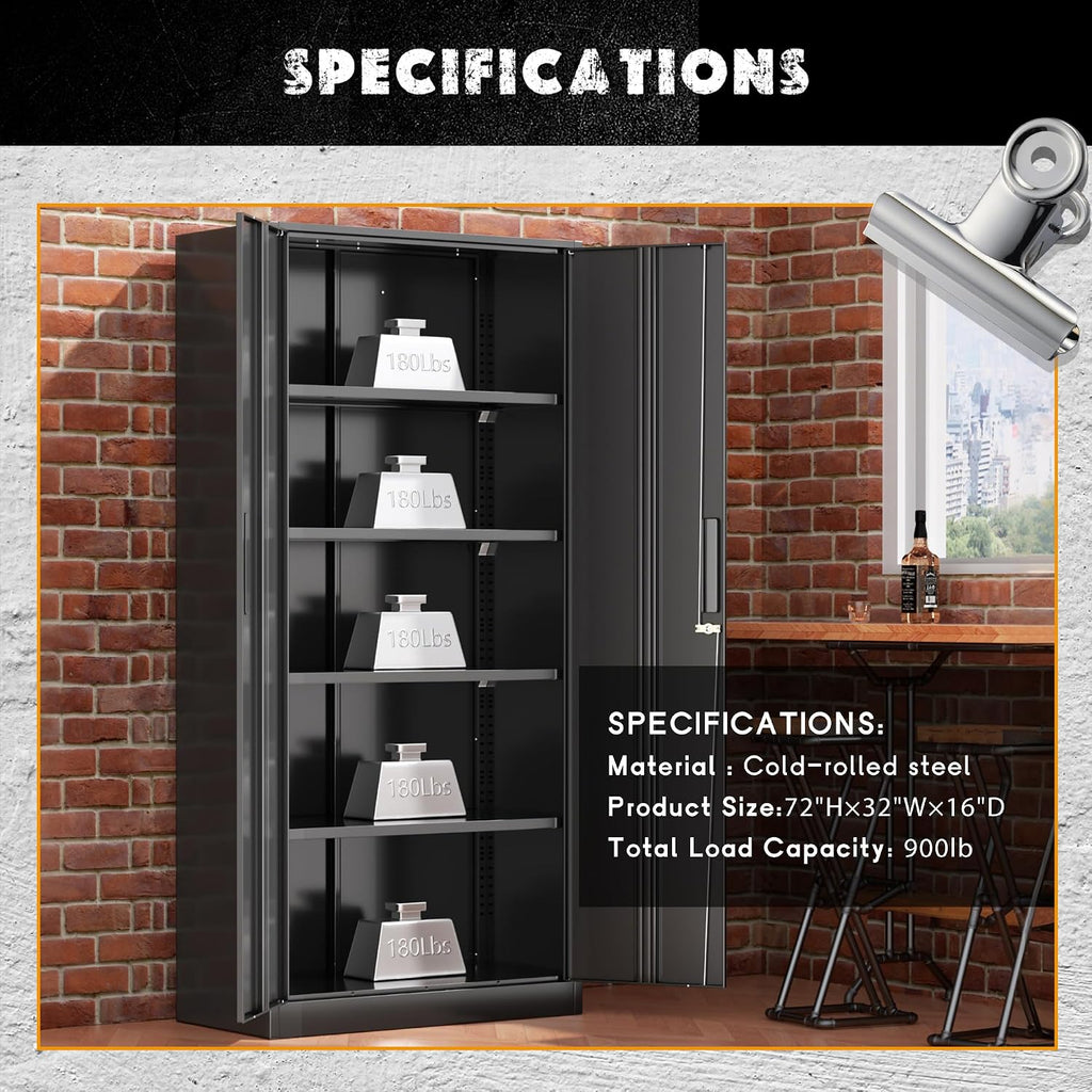 Greenvelly Metal Storage Cabinet with Lock, Steel Garage Storage Cabinet with 2 Doors and Adjustable Shelves, File Organization for Office, Home, Garage, School (Black)