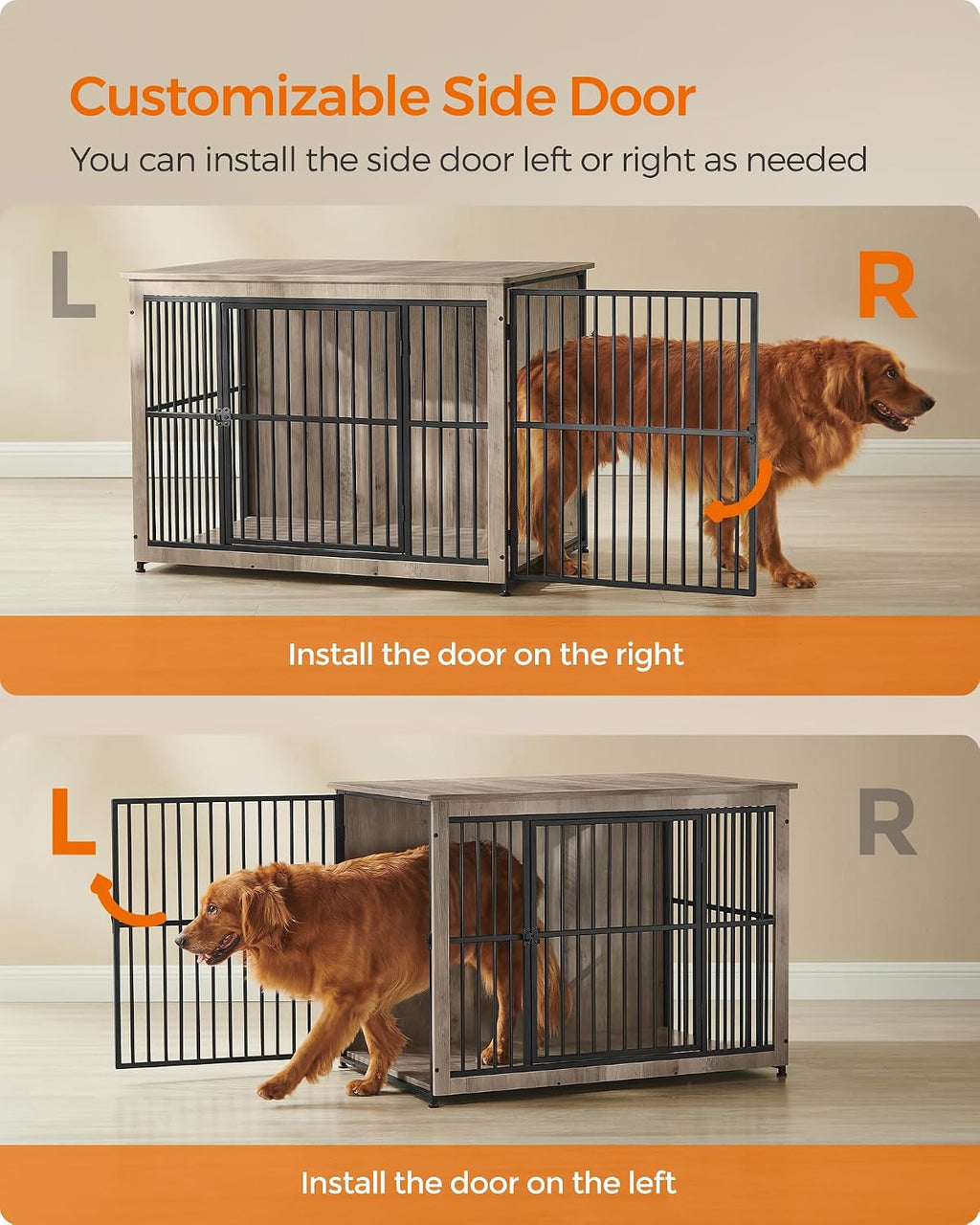 Feandrea 43.3' Dog Crate Furniture, Heavy-Duty Dog Cage Side End Table, XL Pet Wood Kennel for Large and Medium Dogs up to 80 lb with Enclosed Base, Double-Door Pet House, Greige