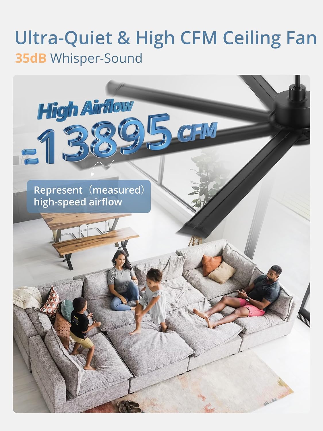 ZMISHIBO 96' Large Industrial Ceiling Fans No light with Aluminum 8 Blades, Commercial HVLS Ceiling Fan without Light,Quiet DC Motor,6 Speeds, Indoor Outdoor Ceiling Fan for Patio, Garage Shop,Black