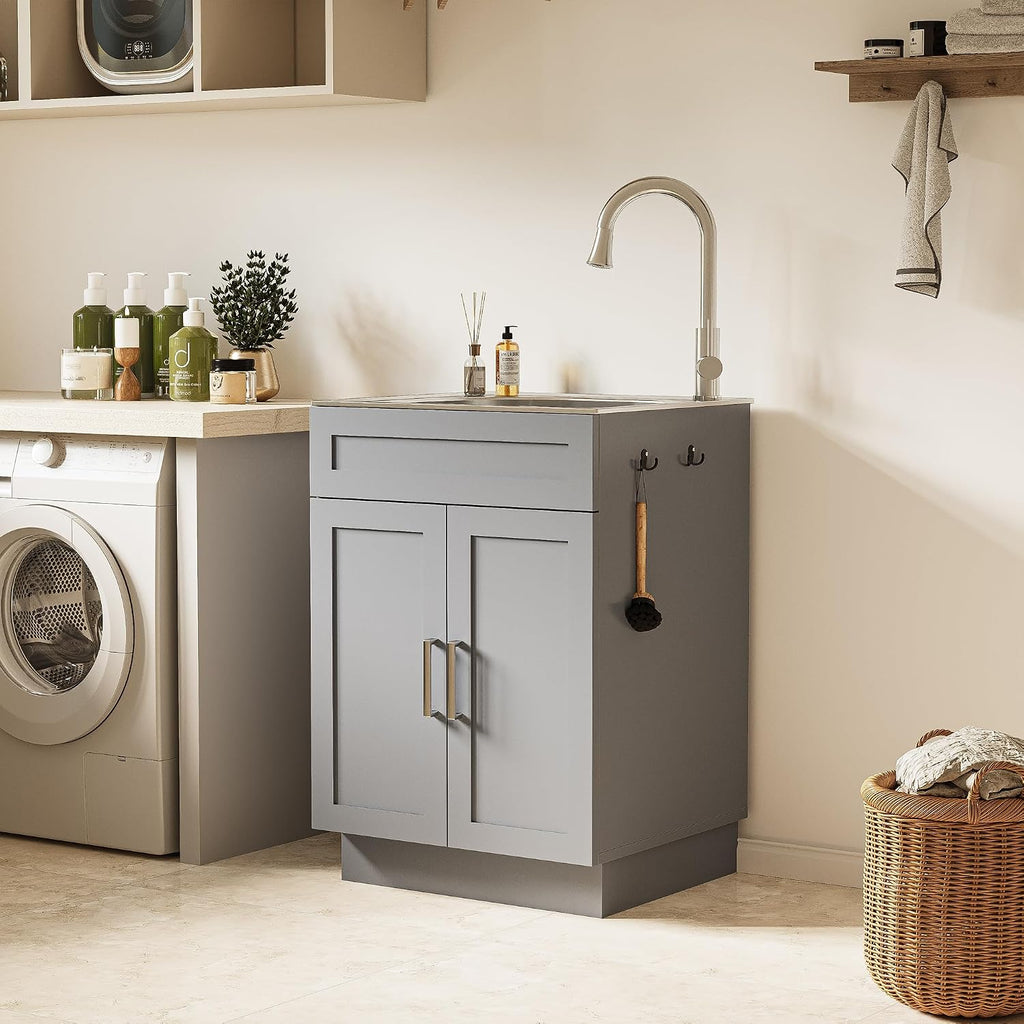 ANCTOR 24 Inch Laundry Sink with Cabinet, Stainless Steel Utility Sink Cabinet with Pull-Out Hot/Cold Faucet Metal Hooks Freestanding Deep Utility Sink for Laundry Utility Room Kitchen Garage