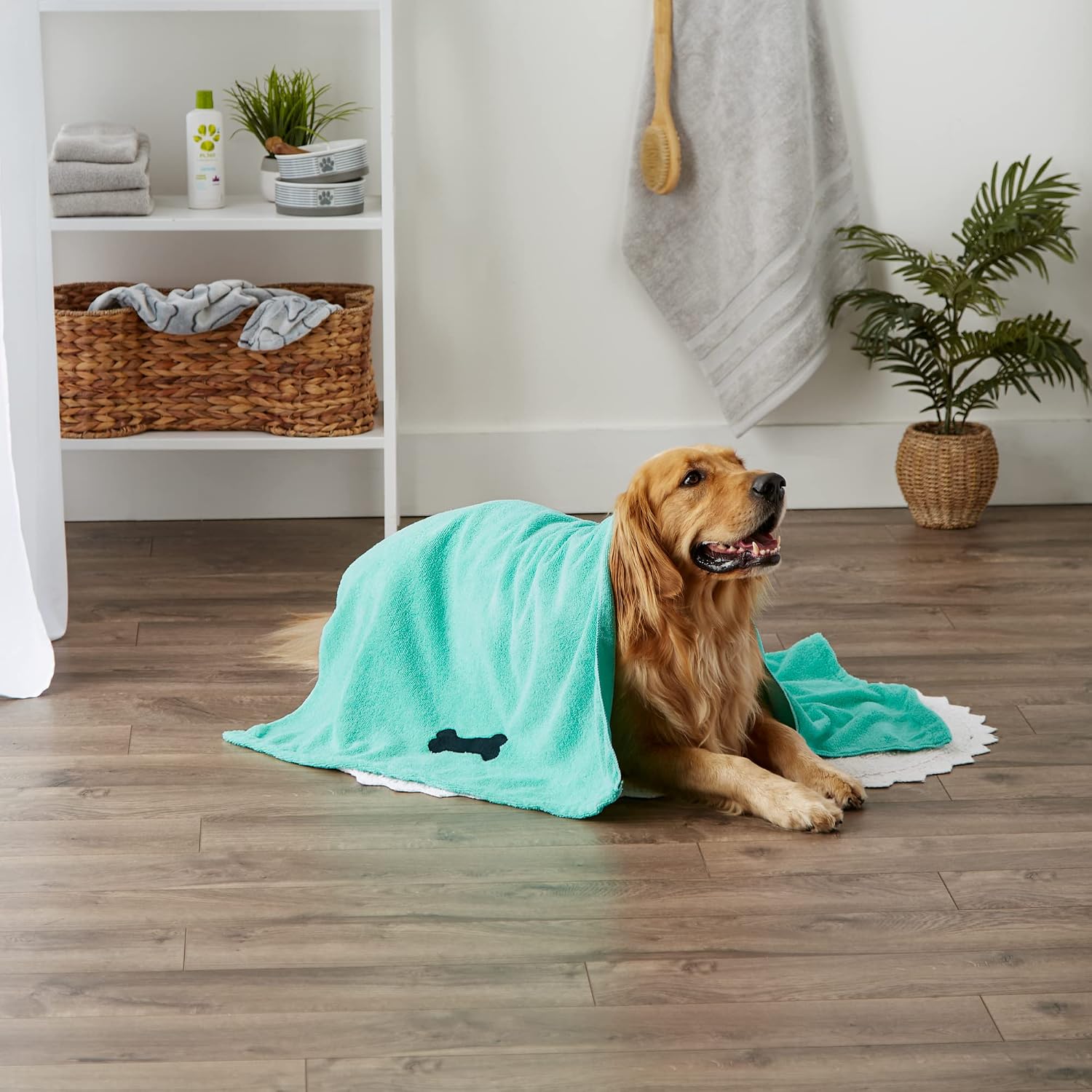 Bone Dry Pet Grooming Towel Collection Absorbent Microfiber X-Large, 41x23.5, Embroidered Green (Pack of 12)