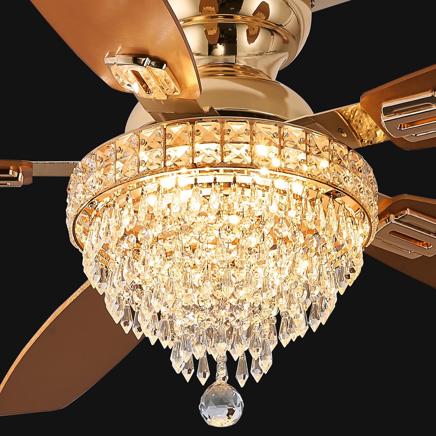Crystal Ceiling Fan Fandelier with Lights-Ceiling Fans,50' Low Profile and Remote Control, Flush Mount, Reversible, Dimmable, Noiseless, Gold Ceiling Fan for Bedroom