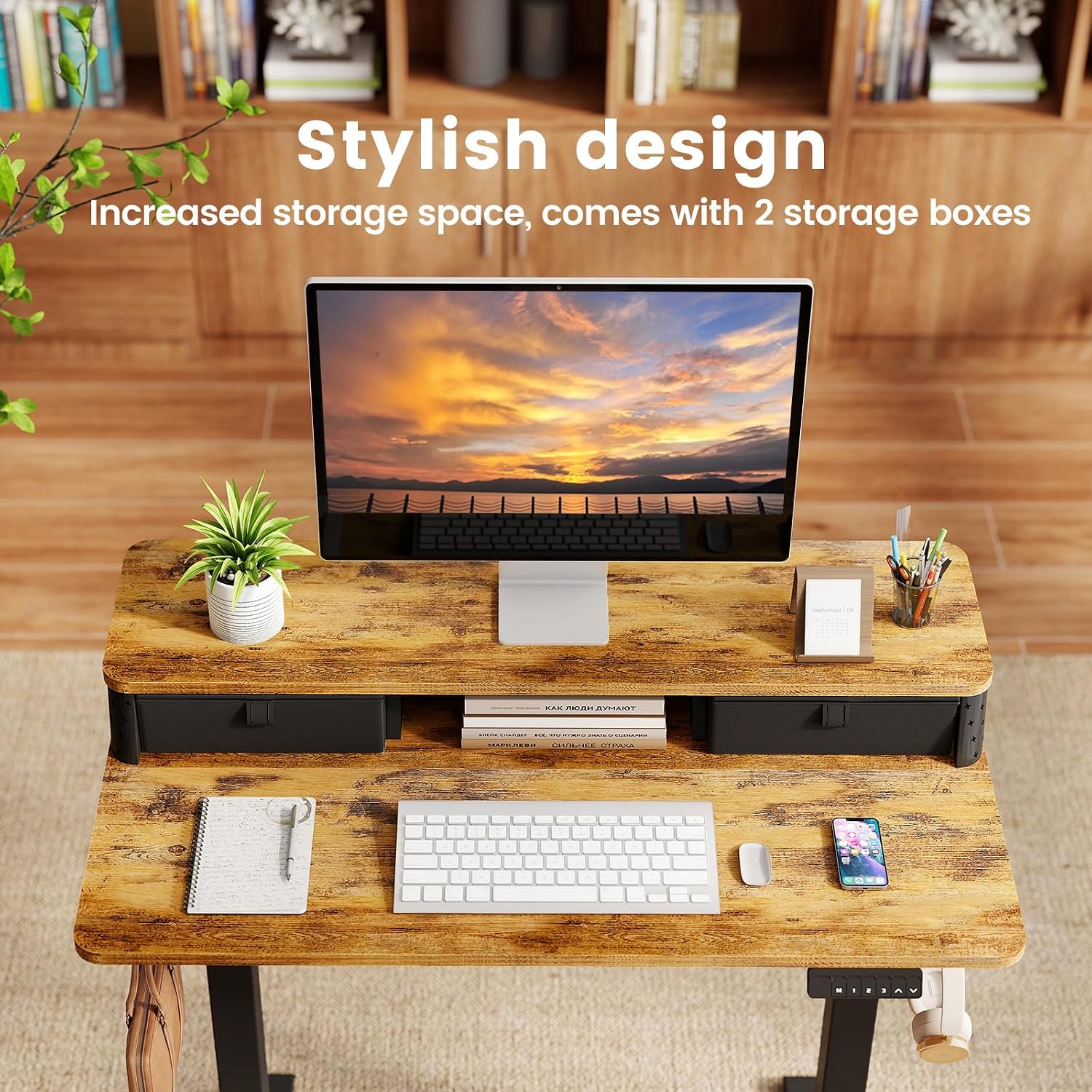 Electric Standing Desk with Two Drawers,40 x 24 Inch Sit Stand Desk Adjustable Height, Stand Up Desk with Storage Shelf, Computer Workstation for Home Office, Rustic Brown