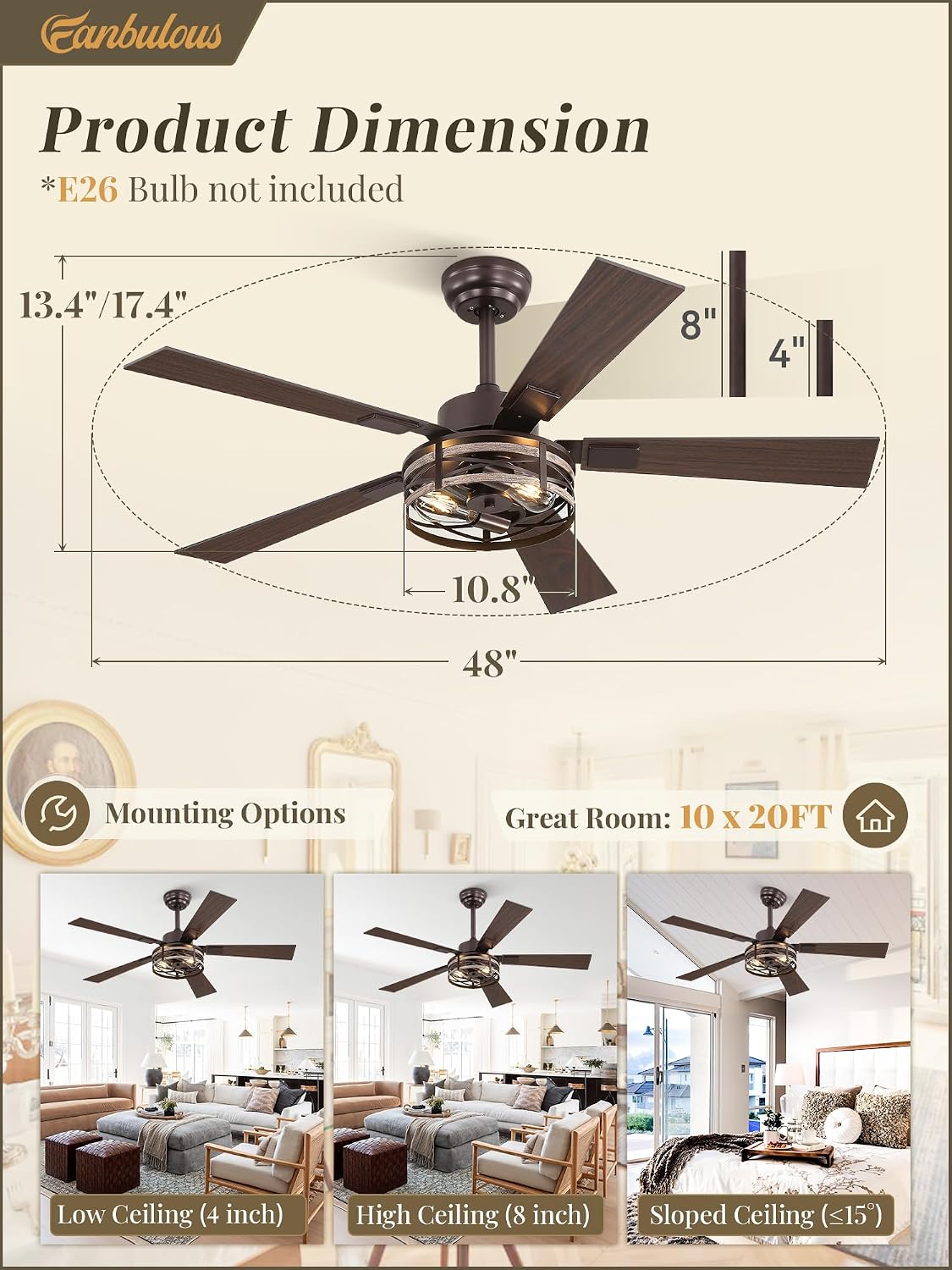 Fanbulous Farmhouse Ceiling Fans with Light, 48 Inch Bedroom Ceiling Fan with Lights, 6-Speed Adjustable, Quiet and Reversible DC Motor, 5 Dual Finish Blades, Rustic Caged Ceiling Fan，Oil Bronze