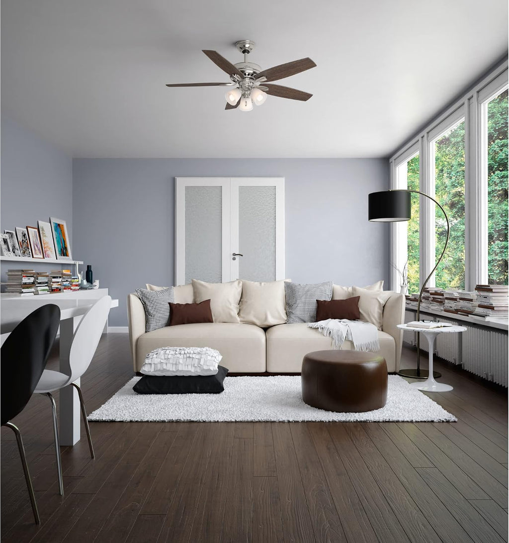 Hunter 52 inch Indoor Ceiling Fan with LED Lights - Ceiling Fan with Pull Chain, For Bedroom or Living Room, Standard Mount, No Remote, 5 Blades, Includes Bulbs - Newsome 53318, Brushed Nickel