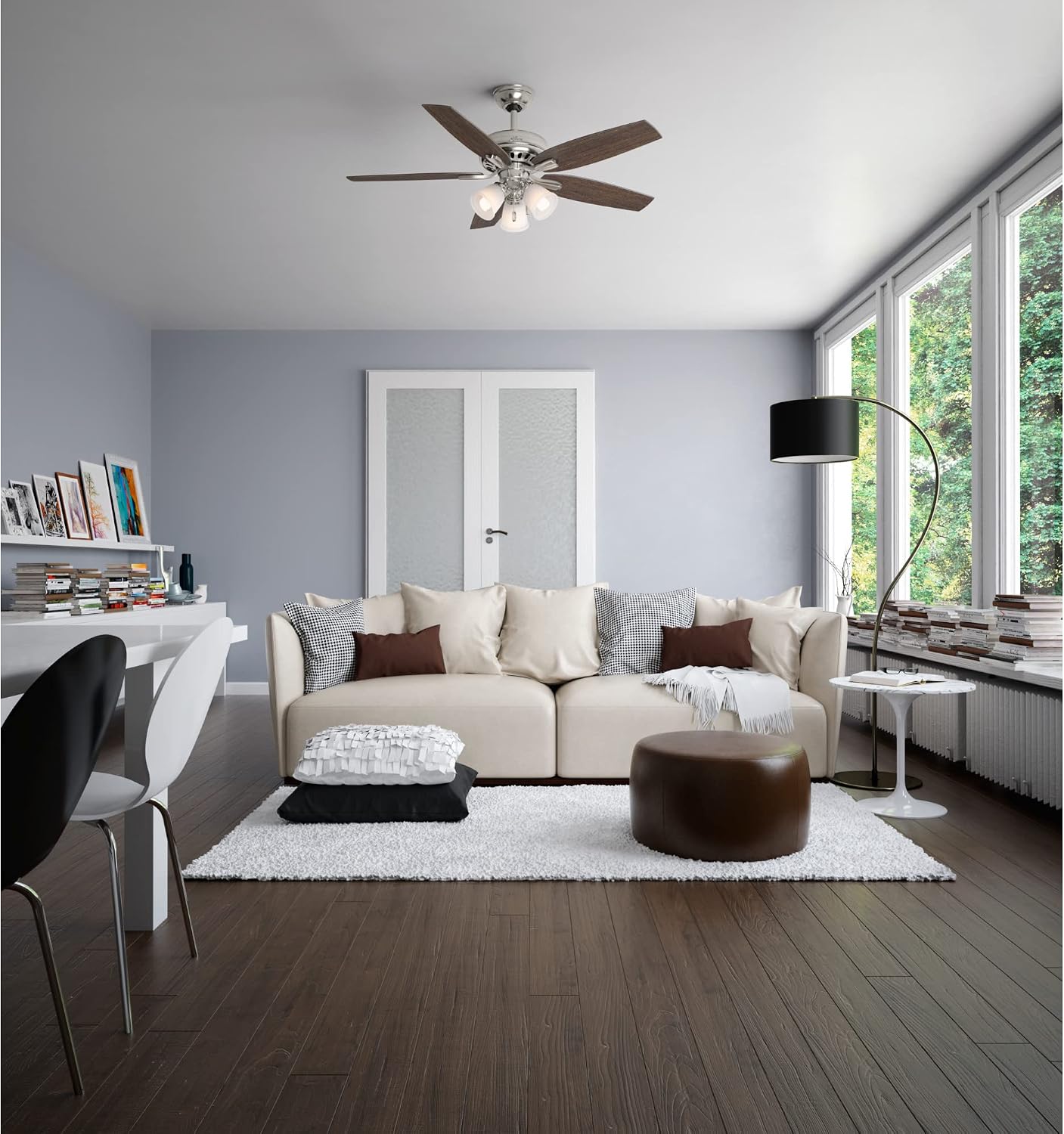 Hunter 52 inch Indoor Ceiling Fan with LED Lights - Ceiling Fan with Pull Chain, For Bedroom or Living Room, Standard Mount, No Remote, 5 Blades, Includes Bulbs - Newsome 53318, Brushed Nickel