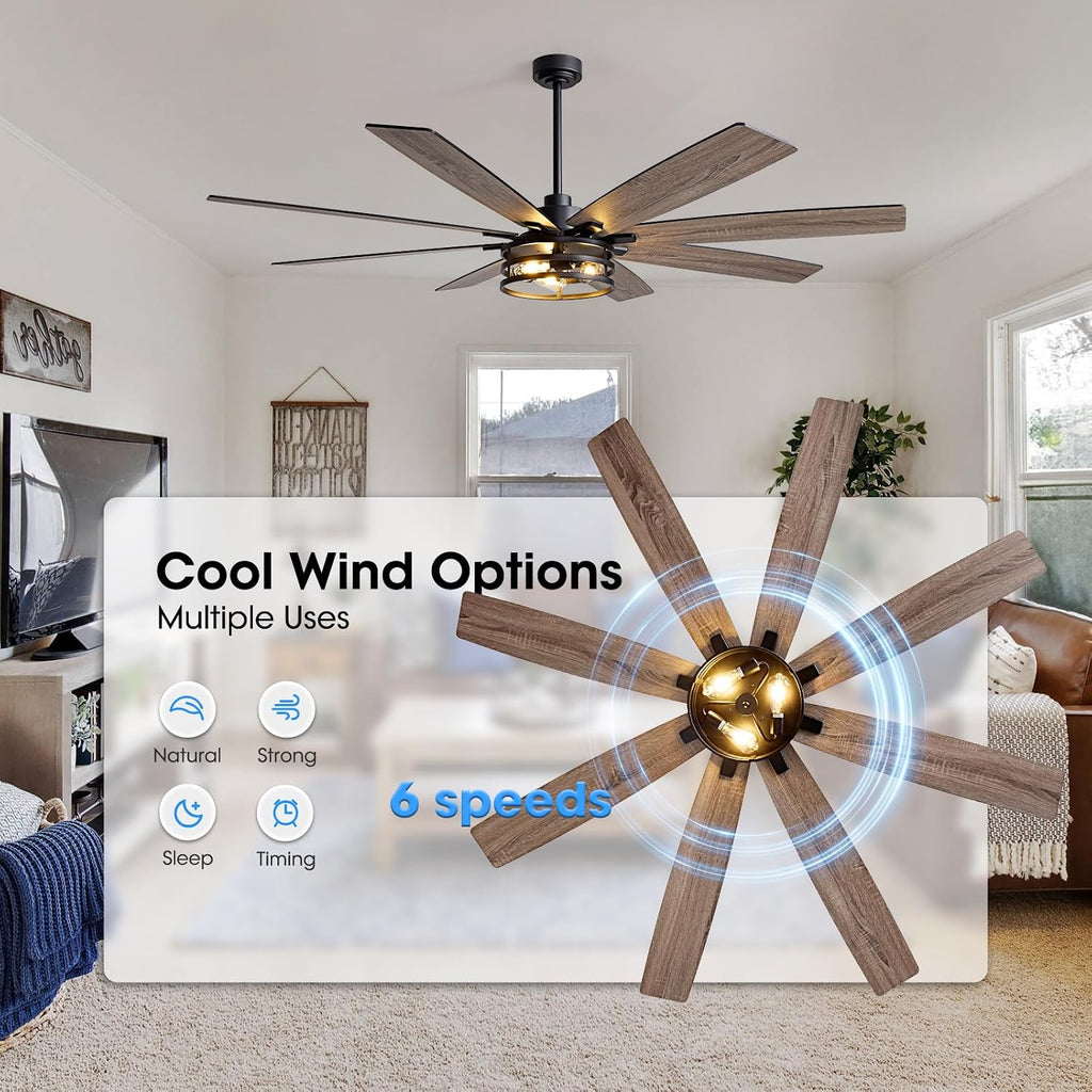 LuminFan 72 inch Large Ceiling Fans with Lights and Remote, Black Modern Ceiling Fan for Living Room, Patios, 6 Speed Reversible Quiet DC Motor, 8 Blades, Easy to Install