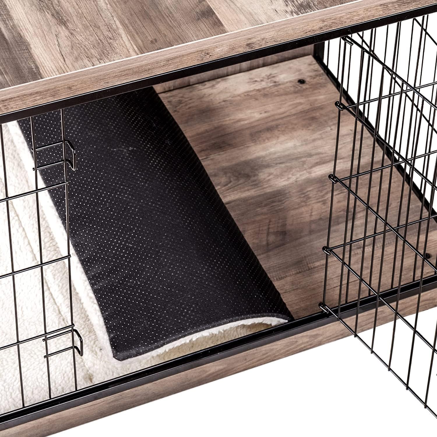 DWANTON Dog Crate Furniture with Cushion, Wooden Kennel Table with Double Doors, Indoor Dog House, Large Size, 38.5' L, Greige