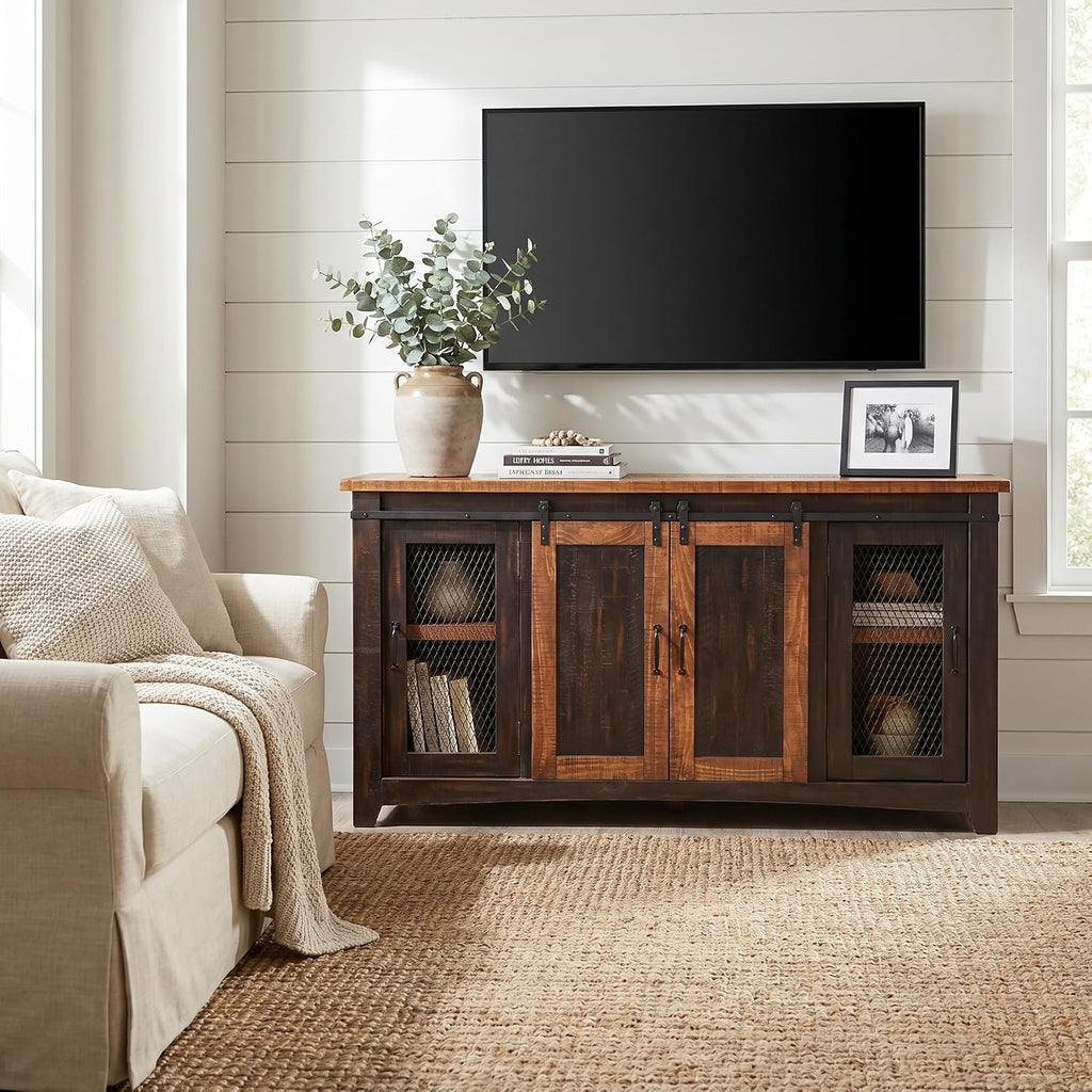 Martin Svensson Home 65' Solid Pine Wood Entertainment Center with Storage. Rustic TV Stand for TVs up to 70.' Sliding Doors, Adjustable Shelves & Cable Management – Black and Honey Finish