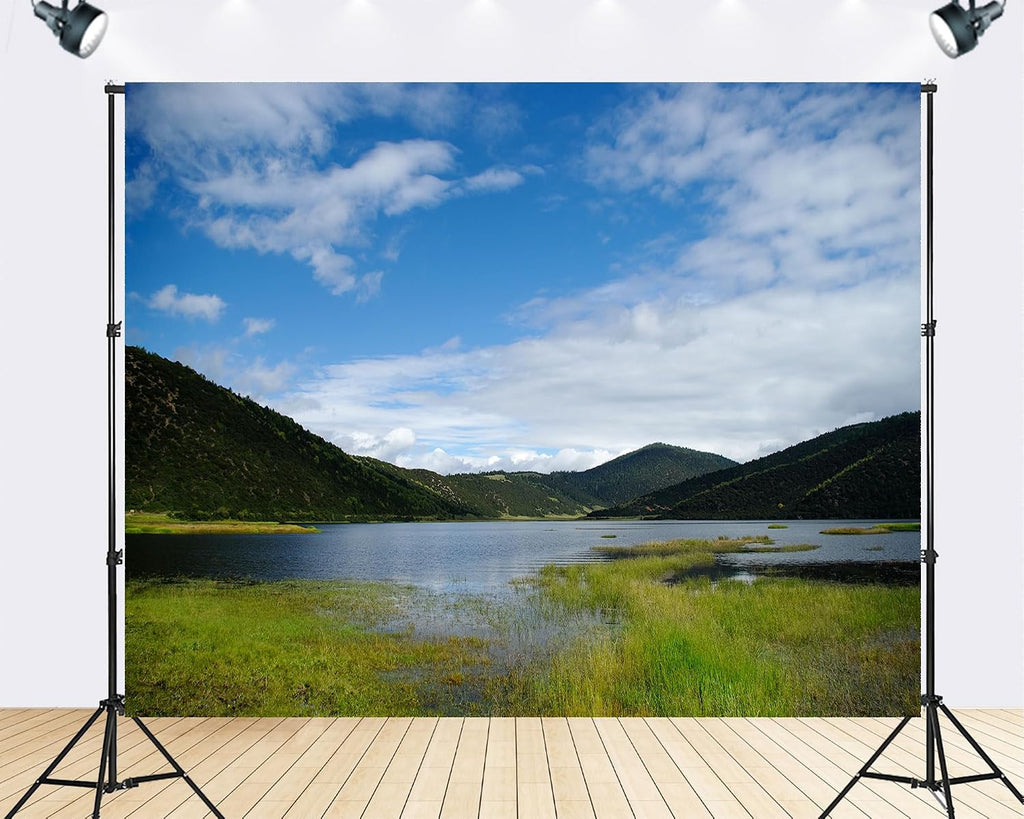 Trykid 20x10ft Mountain Lake Backdrop Lush Hills Calm Waters Clear Sky Landscape Photography Background Nature Shoot Tapestry Party Decoration Photo Studio Prop Fabric