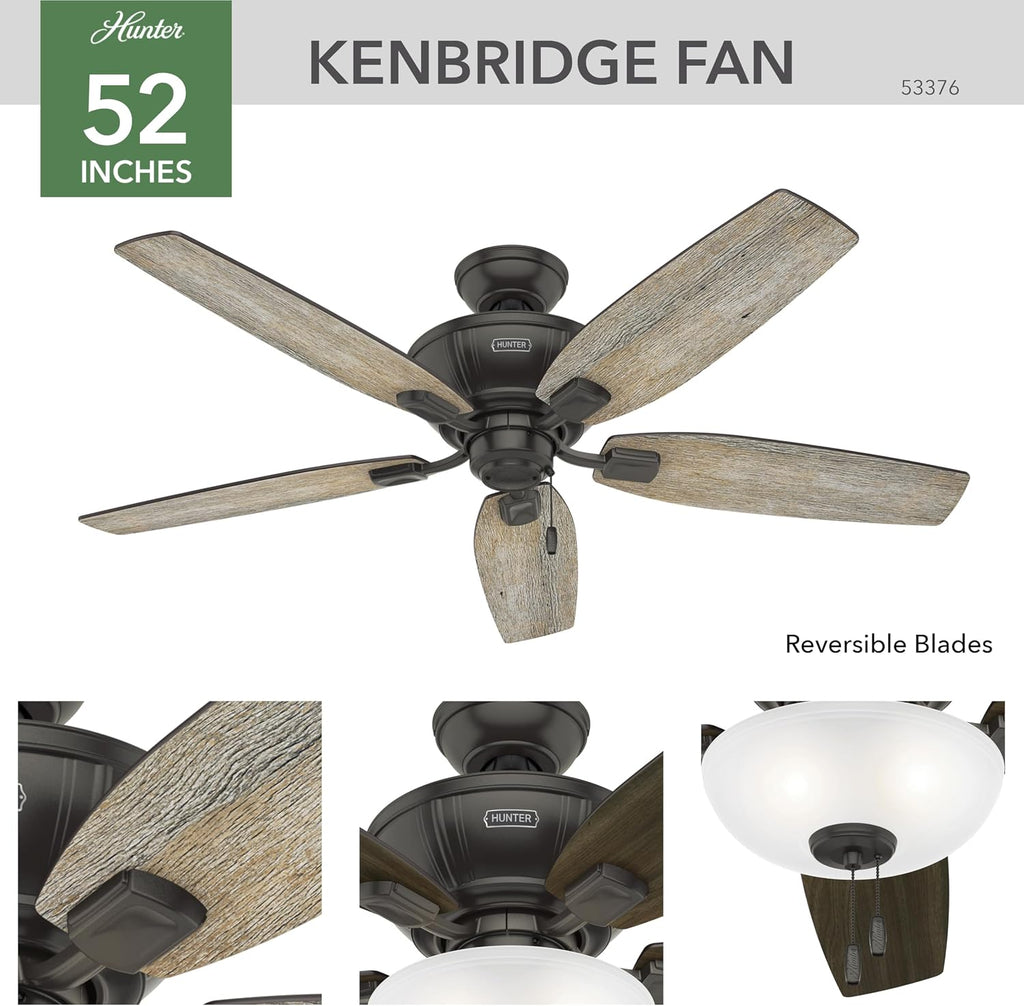 Hunter 52 inch Indoor Ceiling Fan with LED Light - Bronze Ceiling Fan with Pull Chain, For Bedroom, Living Room, or Kitchen, Standard Mount, No Remote, 5 Blades - Kenbridge 53376, Noble Bronze