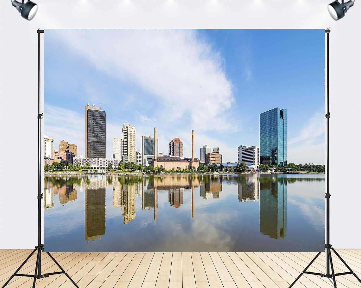Trykid 20x10ft City Skyline Lake Backdrop Modern Skyscrapers Clear Reflection Urban Panorama Downtown View Photography Background Tapestry Party Decoration Photo Studio Prop Fabric