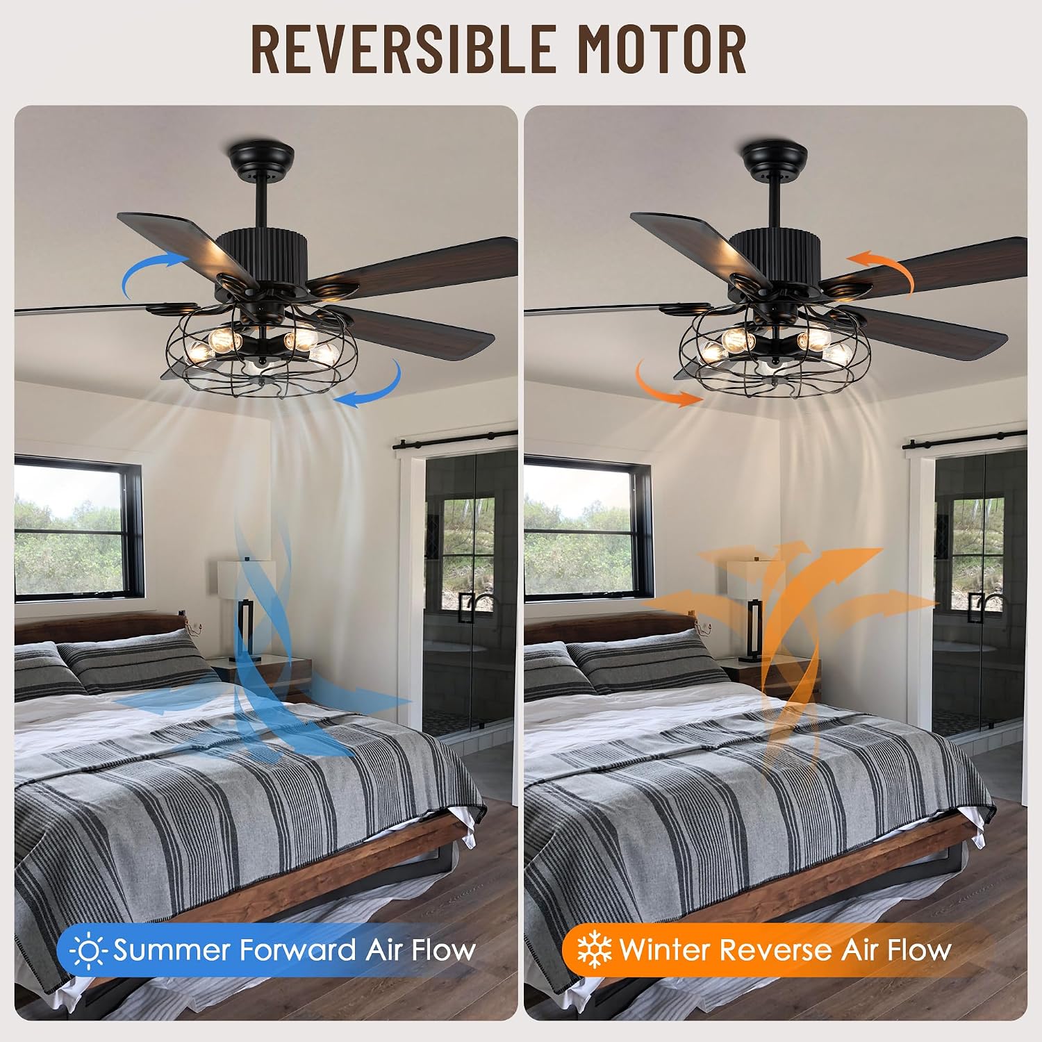 52' Farmhouse Ceiling Fans with Lights and Remote,Industrial Caged Rustic Retro Chandelier Ceiling Fan with Reversible Motor,5 Double Colour Blades for Dining Room Living Room Bedroom