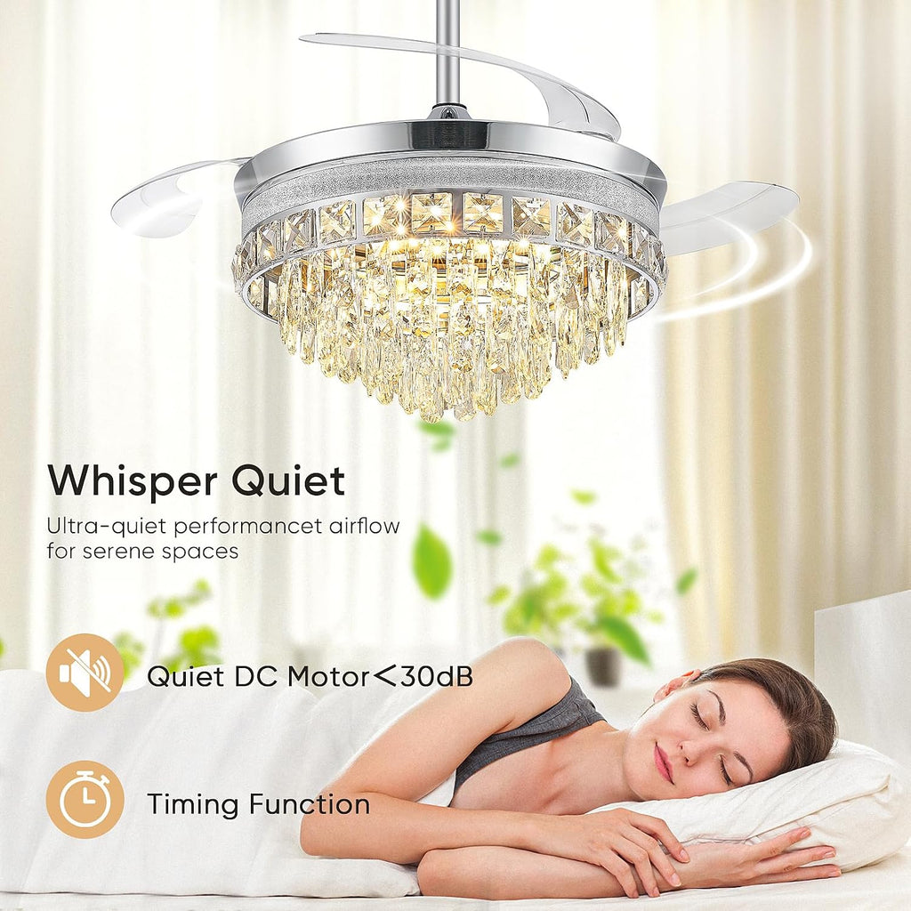 42 Inch Fandelier Ceiling Fan with Light, Chandelier Ceiling Fans with Lights, Crystal Ceiling Fans for Bedroom Living Room, LED Dimmable, 6 Wind Speed,3 Color Temperatures-Chrome