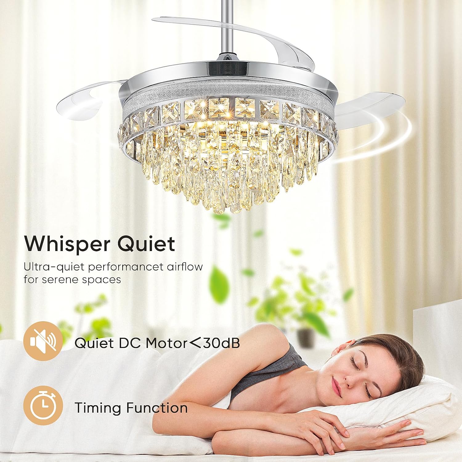 42 Inch Fandelier Ceiling Fan with Light, Chandelier Ceiling Fans with Lights, Crystal Ceiling Fans for Bedroom Living Room, LED Dimmable, 6 Wind Speed,3 Color Temperatures-Chrome