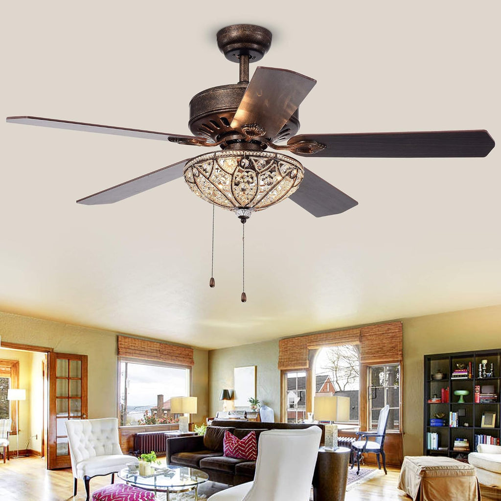 Gliska 52-Inch 5-Blade Rustic Bronze Lighted Ceiling Fans w Crystal Shade