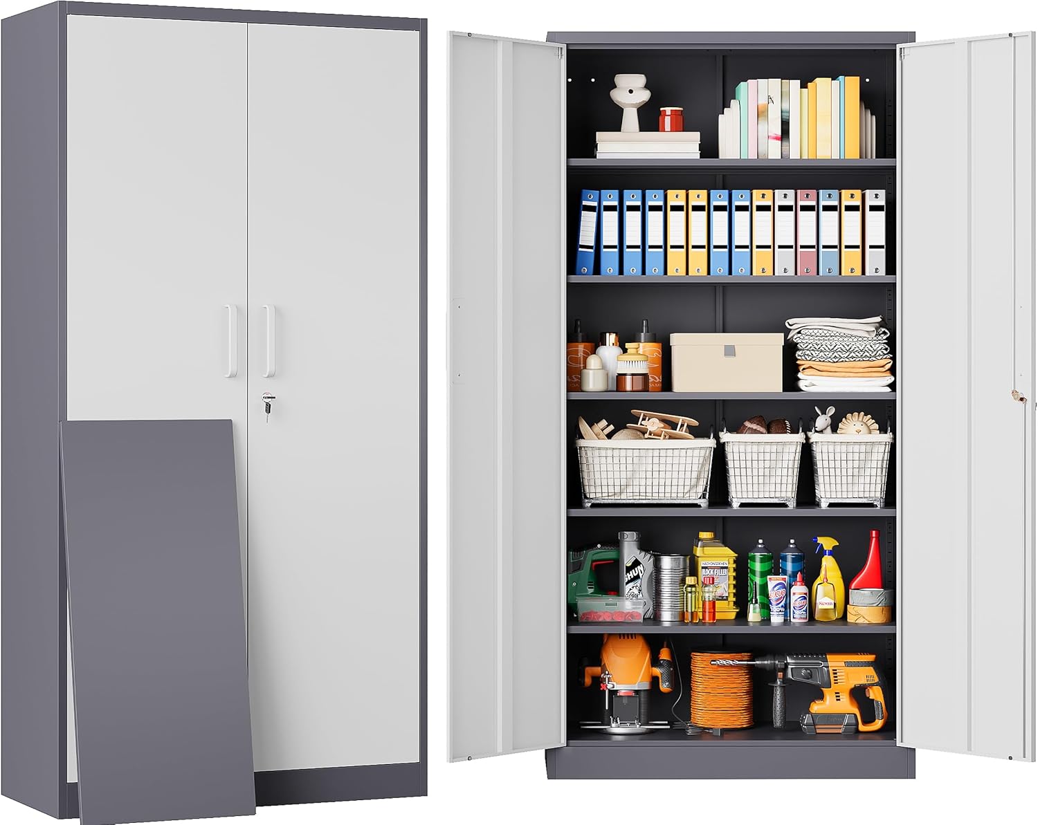 Metal Storage Cabinet with 2 Doors and 6 Shelves,Gray White Metal Cabinet with Lock,71' Lockable Garage Storage Cabinets,Locking File Cabinet,Steel Tool Cabinets for Home,Office,Garage,Shop,School