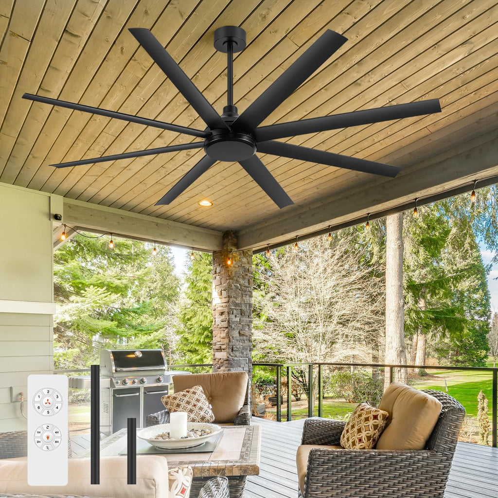 65 Inch Ceiling Fan No Light, Modern Ceiling Fan with Remote Control, Quite DC Motor 8 Reversible Blades Indoor Outdoor Industrial Ceiling Fan without Light For Living Room Bedroom Patio Garage-Black
