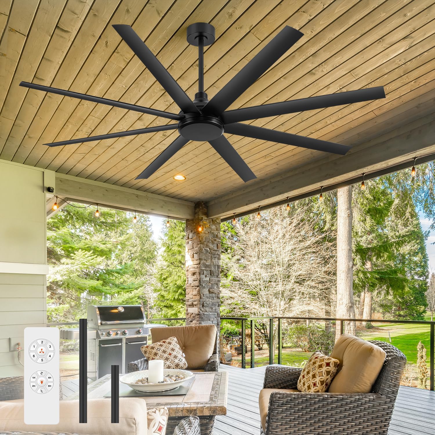 65 Inch Ceiling Fan No Light, Modern Ceiling Fan with Remote Control, Quite DC Motor 8 Reversible Blades Indoor Outdoor Industrial Ceiling Fan without Light For Living Room Bedroom Patio Garage-Black