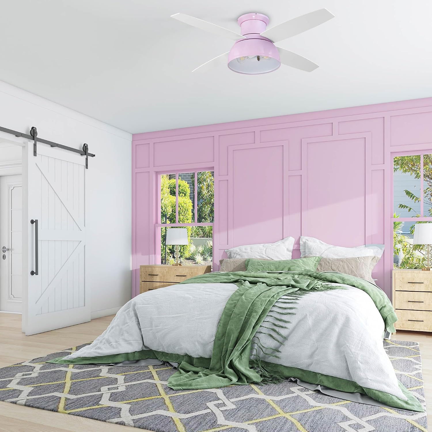 Prominence Home Edora, 52 Inch Industrial Style Flush Mount LED Ceiling Fan with Light, Remote Control, 4 Modern Blades, Reversible Motor - 51674-01 (Peony Pink)