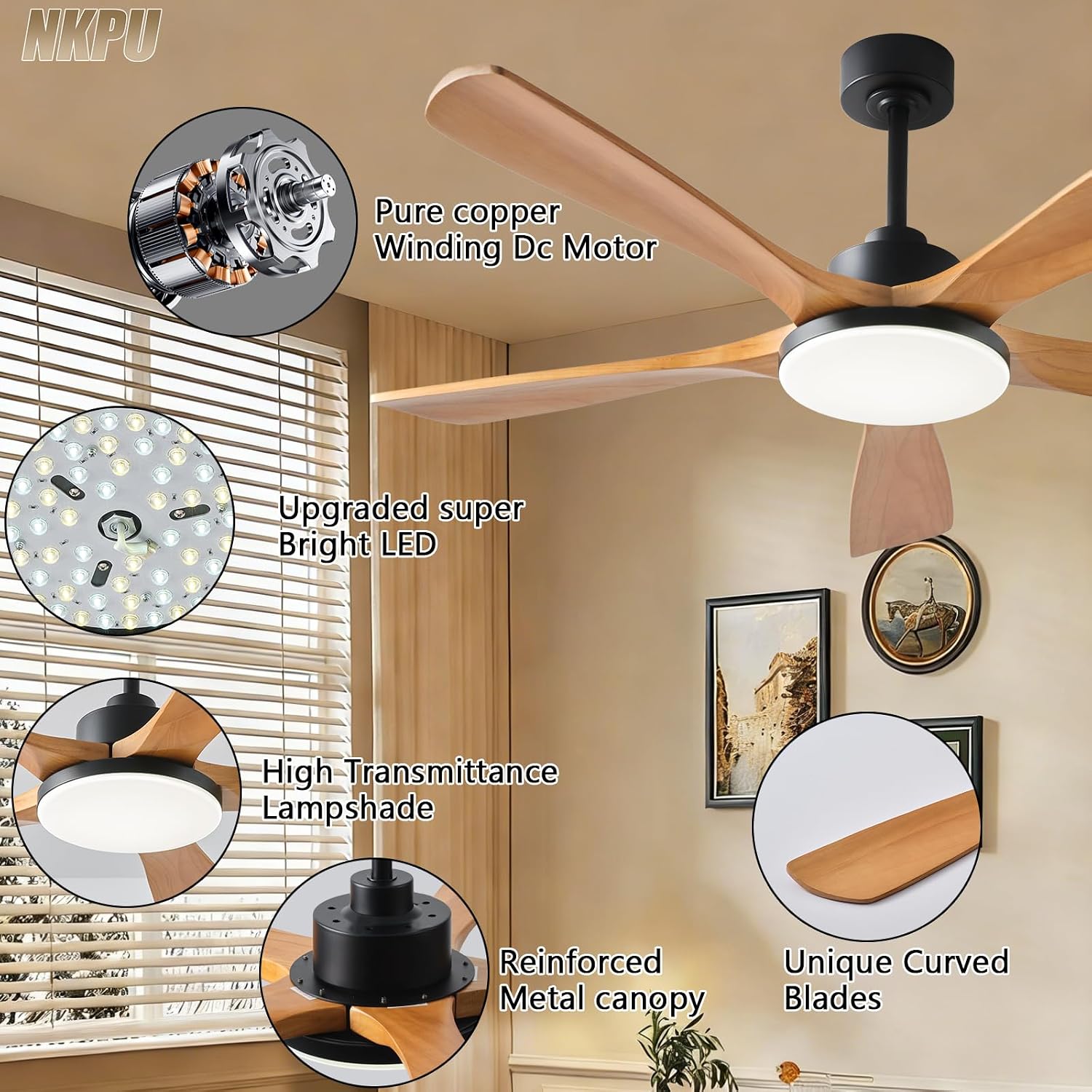 NKPU Ceiling Fans with Lights and Remote Control, 5 Solid Wood Blades, 3CCT Dimmable, 56 Inch Modern Outdoor Ceiling Fans for Bedroom Farmhouse Patios, Quiet DC Motor